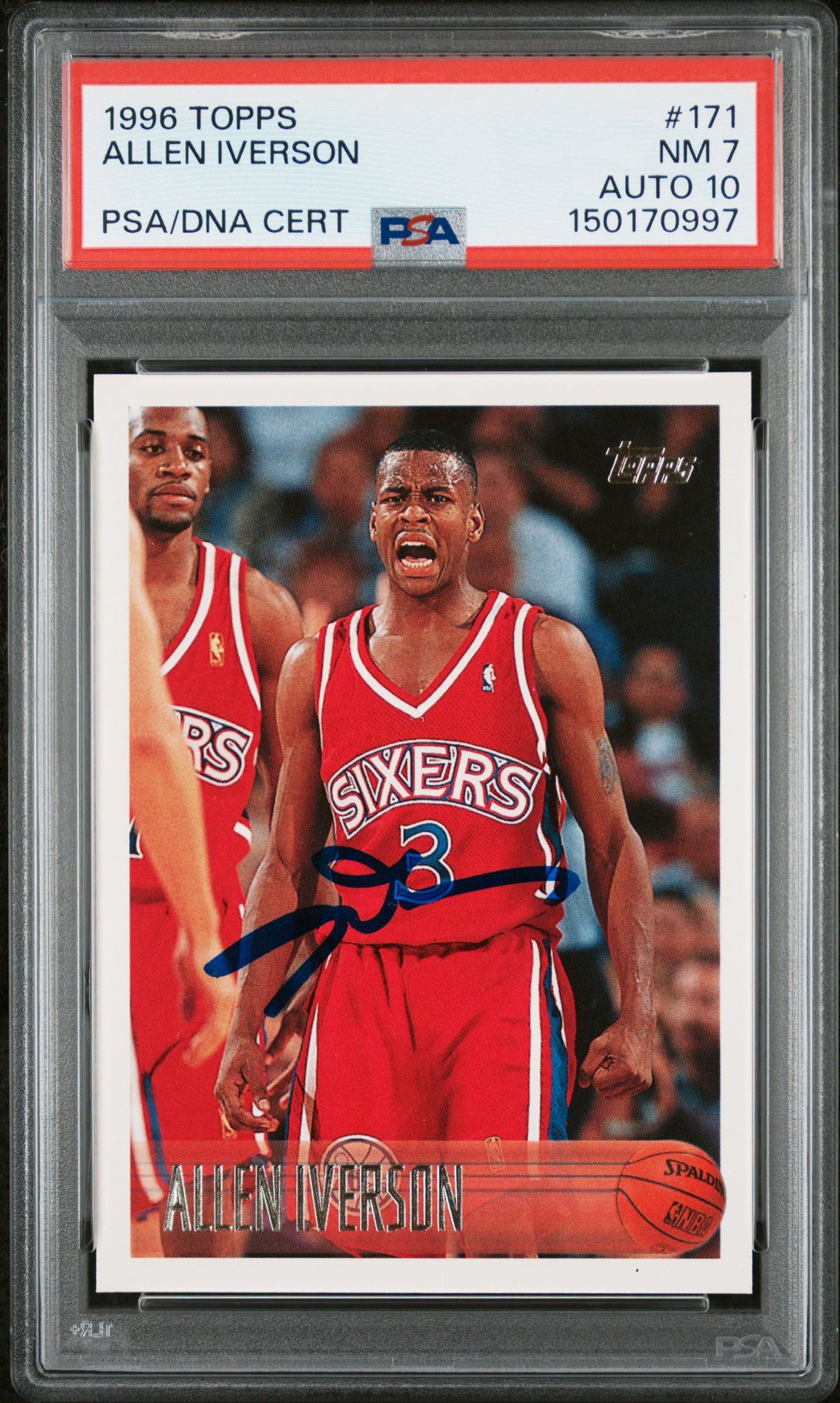 Allen Iverson 1996 Topps Philadelphia 76ers Signed Basketball RC Rookie Card #171 Graded PSA 7 Auto 10 Cert #150170997 Allen Iverson 1996 Topps Philadelphia 76ers Signed Basketball RC Rookie Card #171 Graded PSA 7 Auto 10 Cert #150170997