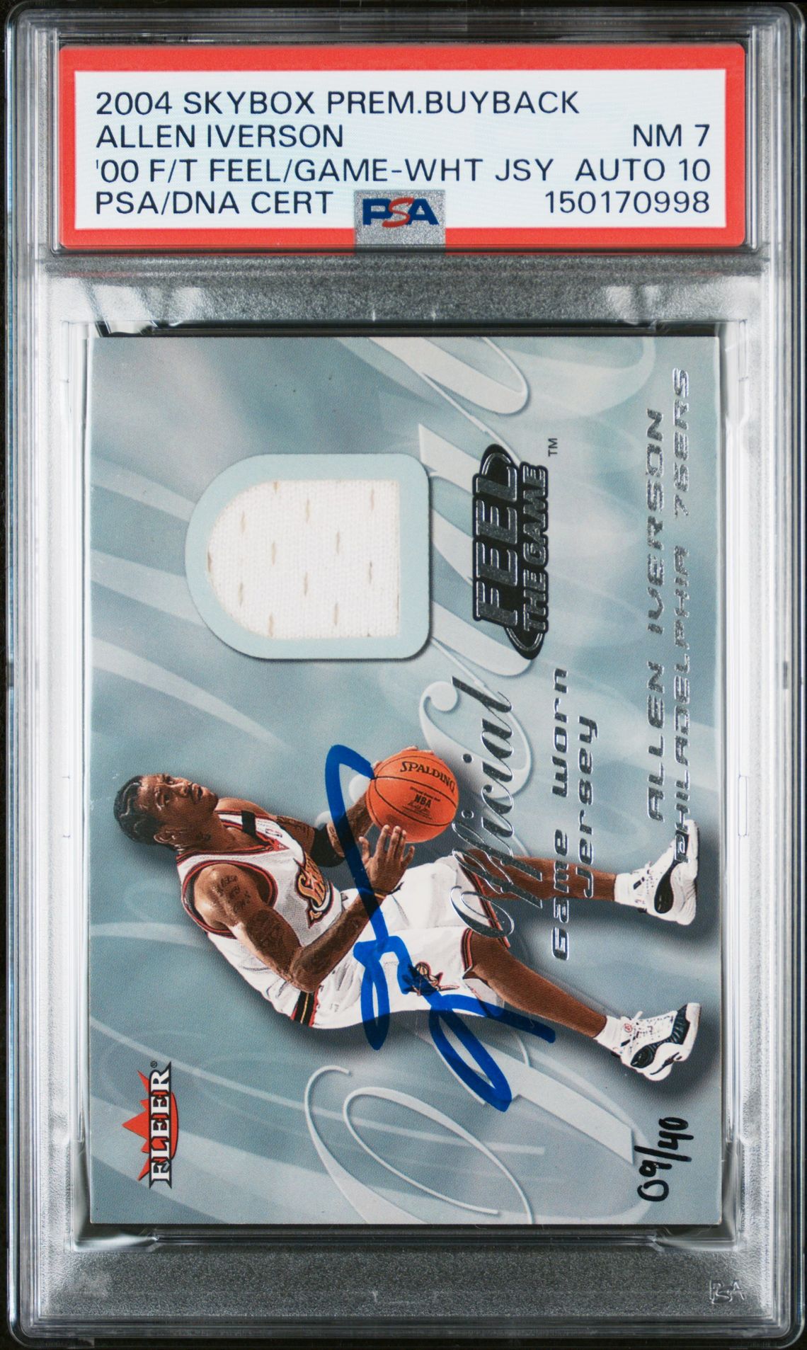 Allen Iverson 2004 SkyBox Premium Buyback Feel The Game White Game Worn Patch Jersey Memorabilia Basketball Signed Card Serial 9/40 Graded PSA 7 Auto 10 Cert #150170998 Allen Iverson 2004 SkyBox Premium Buyback Feel The Game White Game Worn Patch Jersey Memorabilia Basketball Signed Card Serial 9/40 Graded PSA 7 Auto 10 Cert #150170998