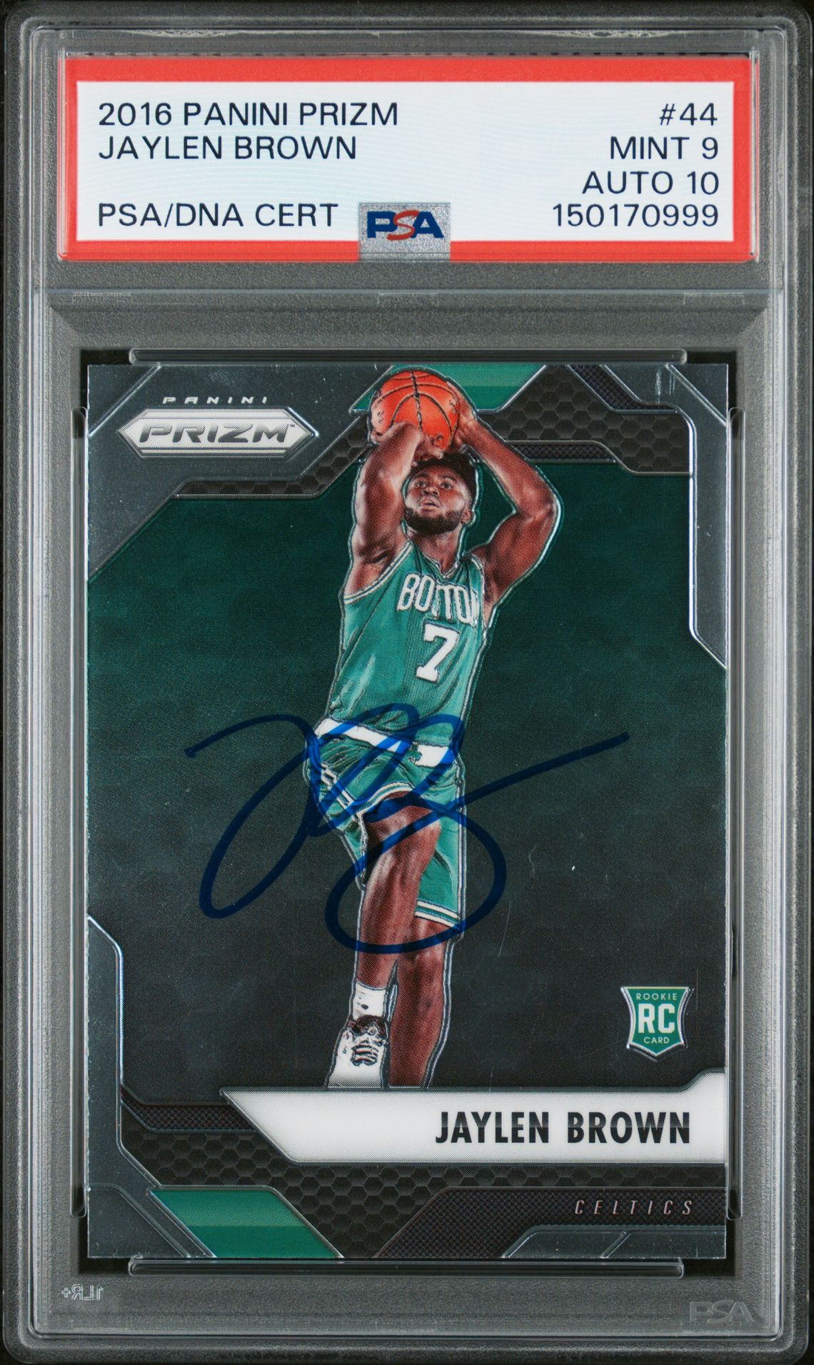 Jaylen Brown 2016 Panini Prizm Boston Celtics Signed Basketball RC Rookie Card #44 Graded PSA 9 Auto 10 Cert #150170999 Jaylen Brown 2016 Panini Prizm Boston Celtics Signed Basketball RC Rookie Card #44 Graded PSA 9 Auto 10 Cert #150170999