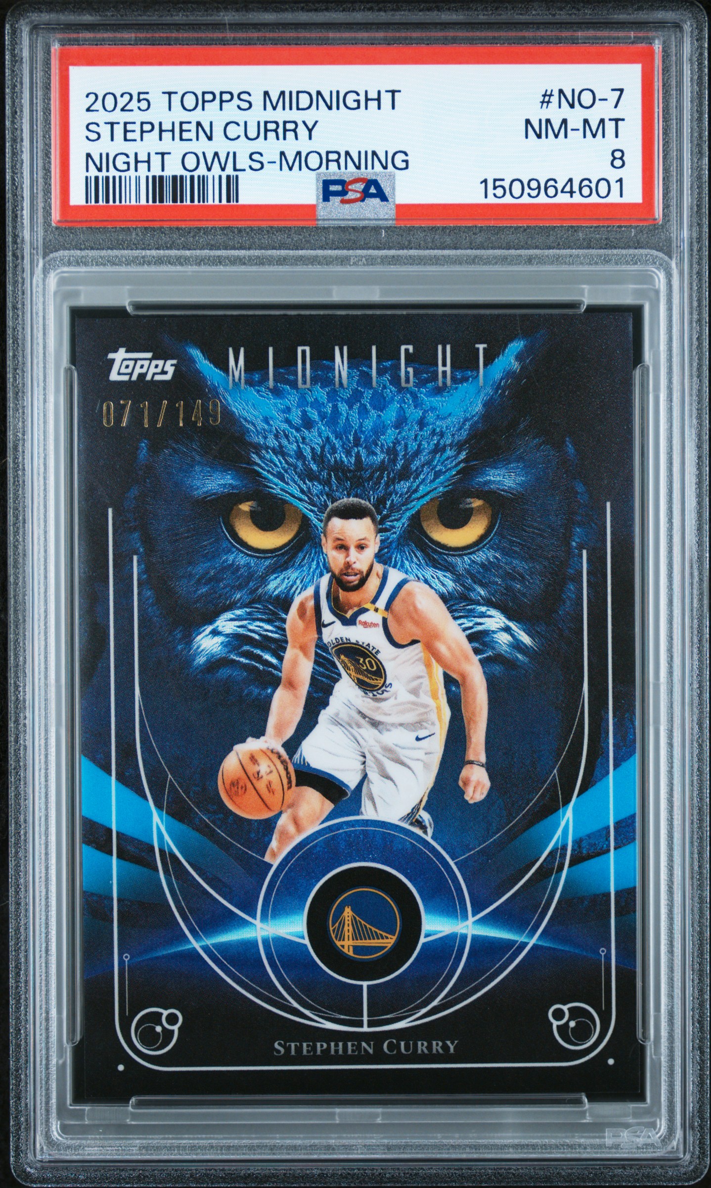 Stephen Curry 2025 Topps Midnight Night Owls-Morning Basketball Card #NO-7 Serial #071/149 Graded PSA 8 Cert #150964601