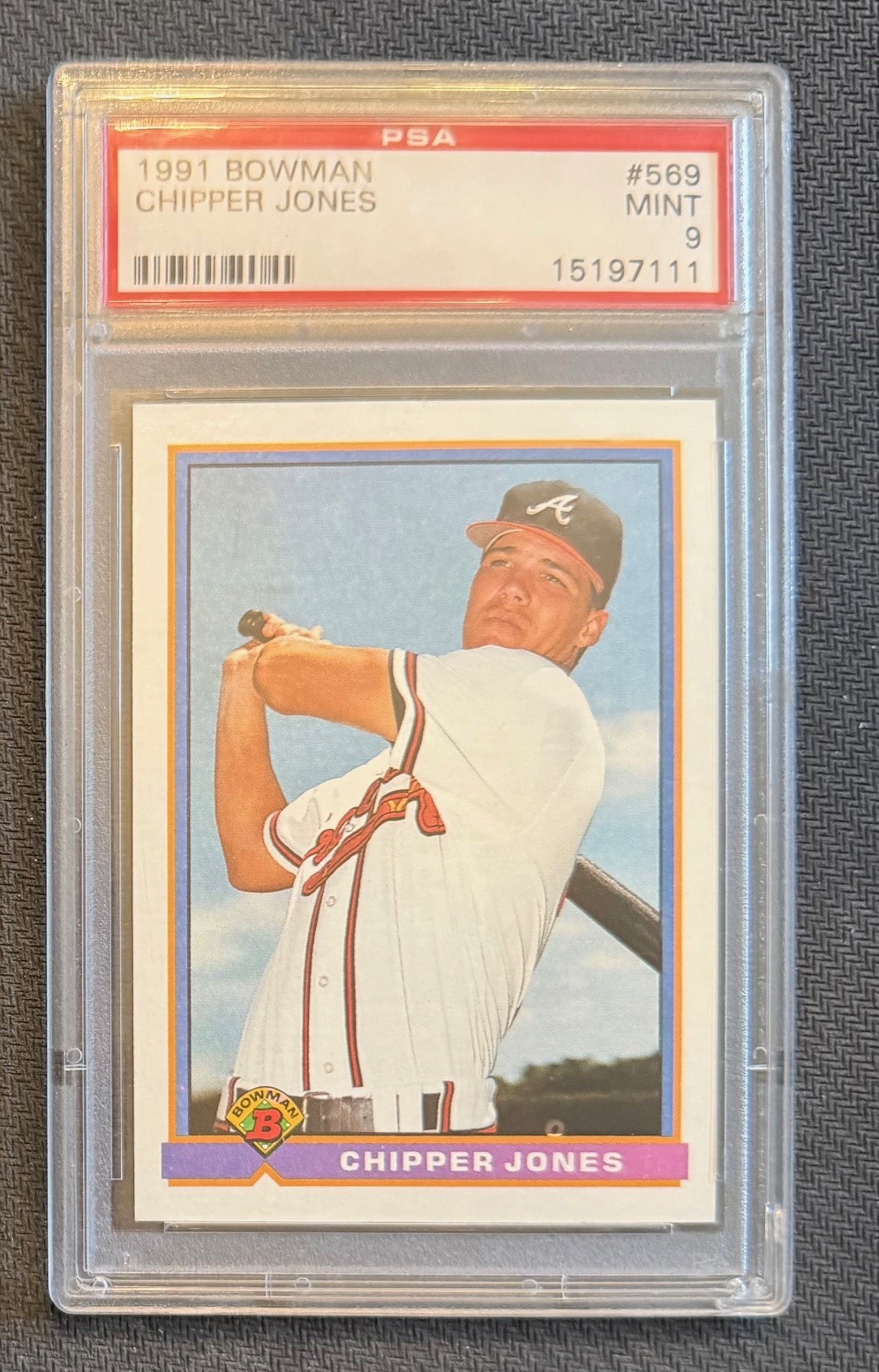 Chipper Jones 1991 Bowman Baseball Rookie Card #569 Graded PSA 9 Cert #15197111