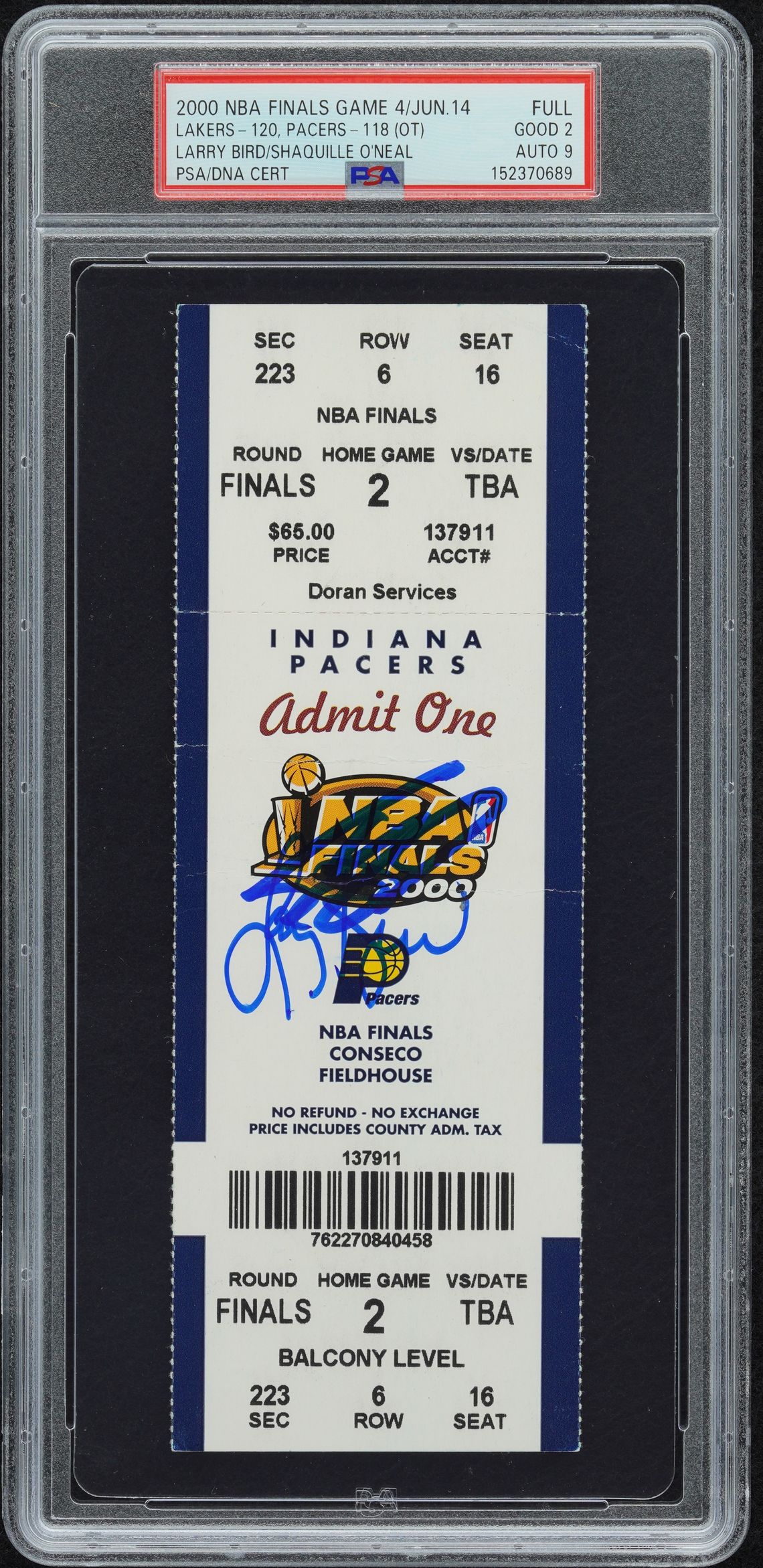 Shaquille Oâ€™Neal Larry Bird Autographed 2000 NBA Finals Game 4 Signed Ticket Stub Graded PSA 2 Auto 9 Lakers Pacers