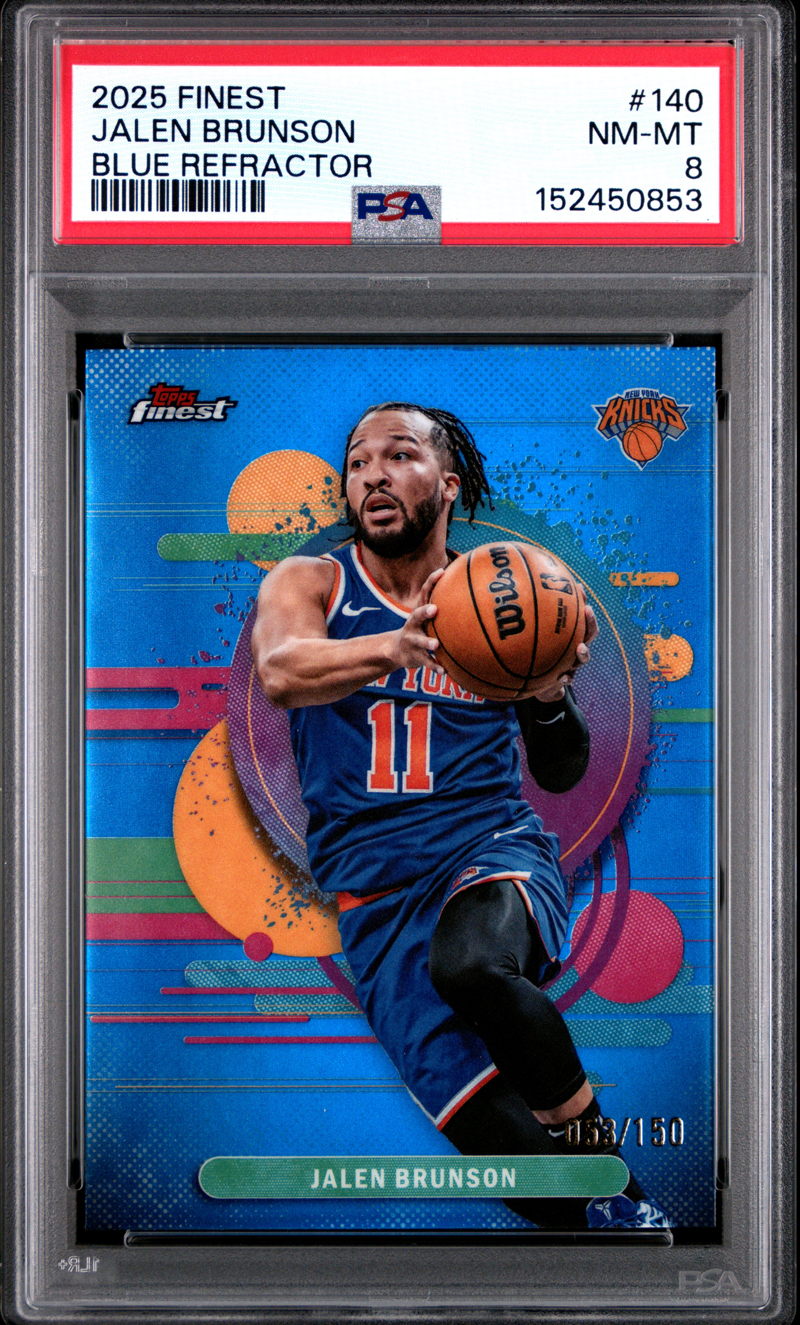 Jalen Brunson 2025 Topps Finest Blue Refractor New York Knicks Basketball Card #140 Serial 58/150 Graded PSA 8 Cert #152450853