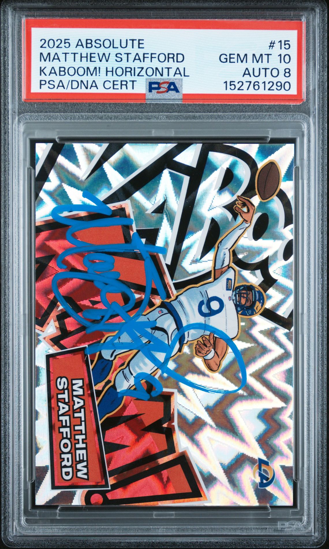 Matthew Stafford 2025 Panini Absolute Kaboom! Horizontal Los Angeles Rams Signed Football Card #15 Auto 8 Graded PSA 10 Cert #152761290 Matthew Stafford 2025 Panini Absolute Kaboom! Horizontal Los Angeles Rams Signed Football Card #15 Auto 8 Graded PSA 10 Cert #152761290