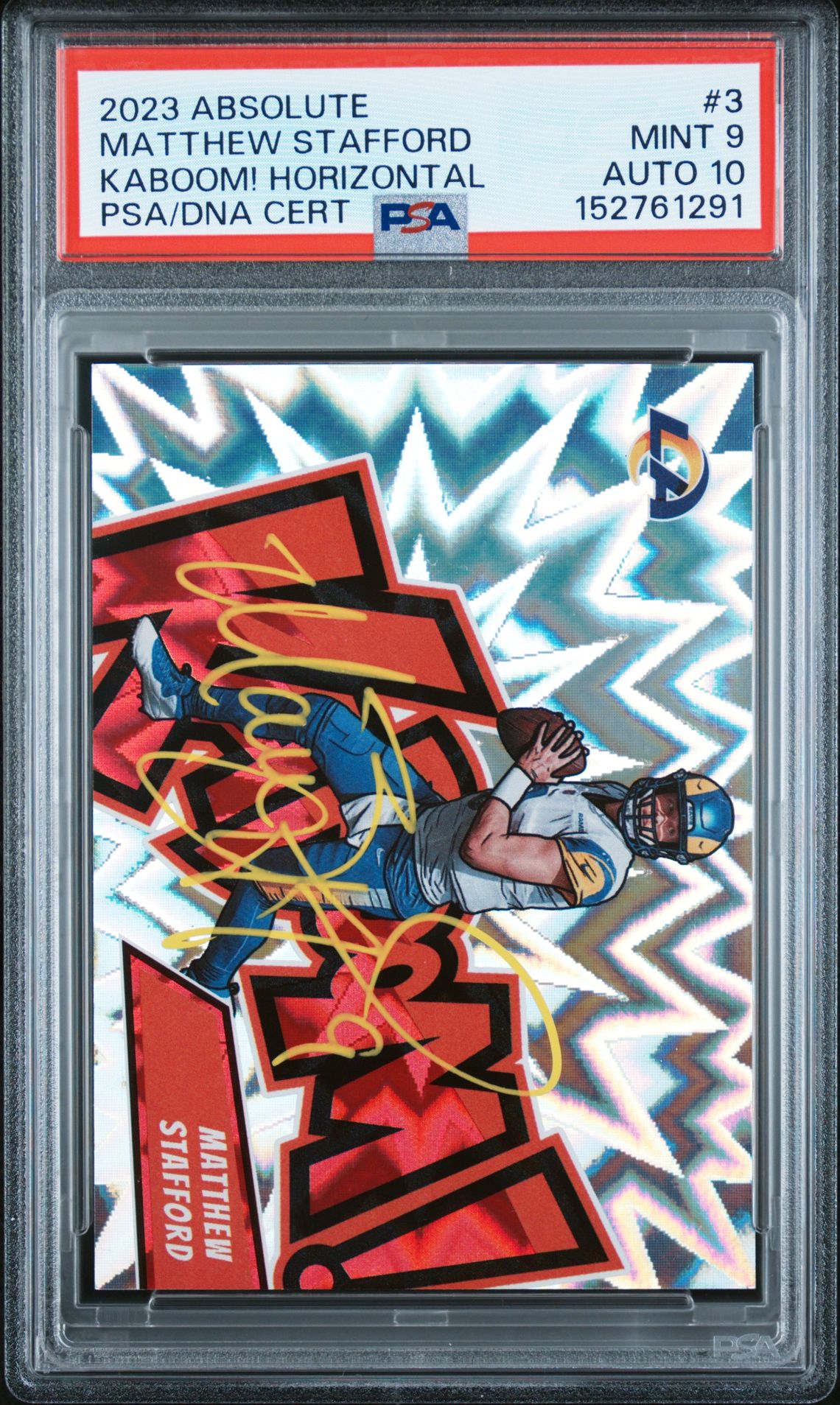 Matthew Stafford 2023 Absolute Kaboom! Horizontal Los Angeles Rams Signed Football Card #3 Auto 10 Graded PSA 9 Cert #152761291 Matthew Stafford 2023 Absolute Kaboom! Horizontal Los Angeles Rams Signed Football Card #3 Auto 10 Graded PSA 9 Cert #152761291