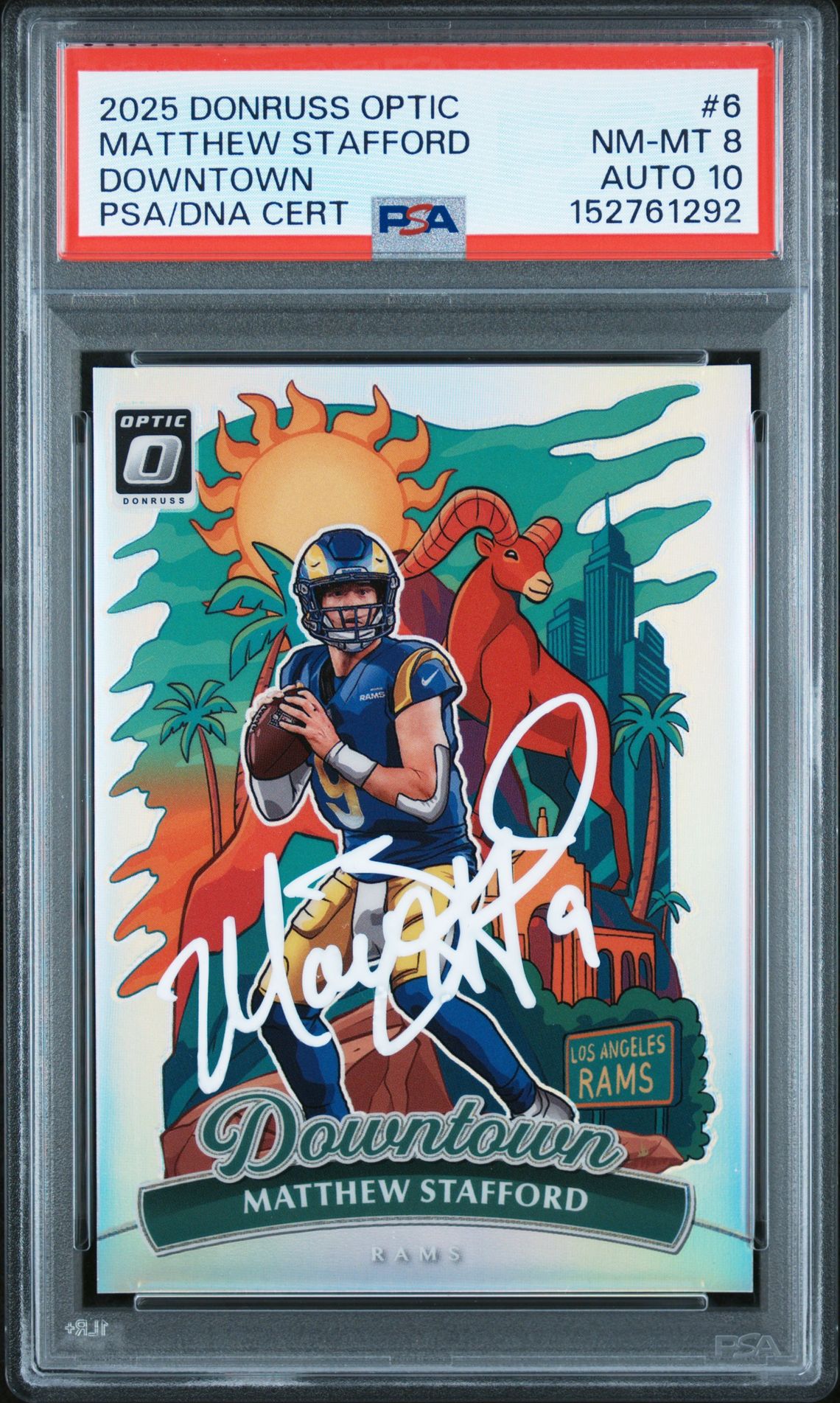 Matthew Stafford 2025 Donruss Optic Downtown Los Angeles Rams Signed Football Card #6 Auto 10 Graded PSA 8 Cert #152761292 Matthew Stafford 2025 Donruss Optic Downtown Los Angeles Rams Signed Football Card #6 Auto 10 Graded PSA 8 Cert #152761292