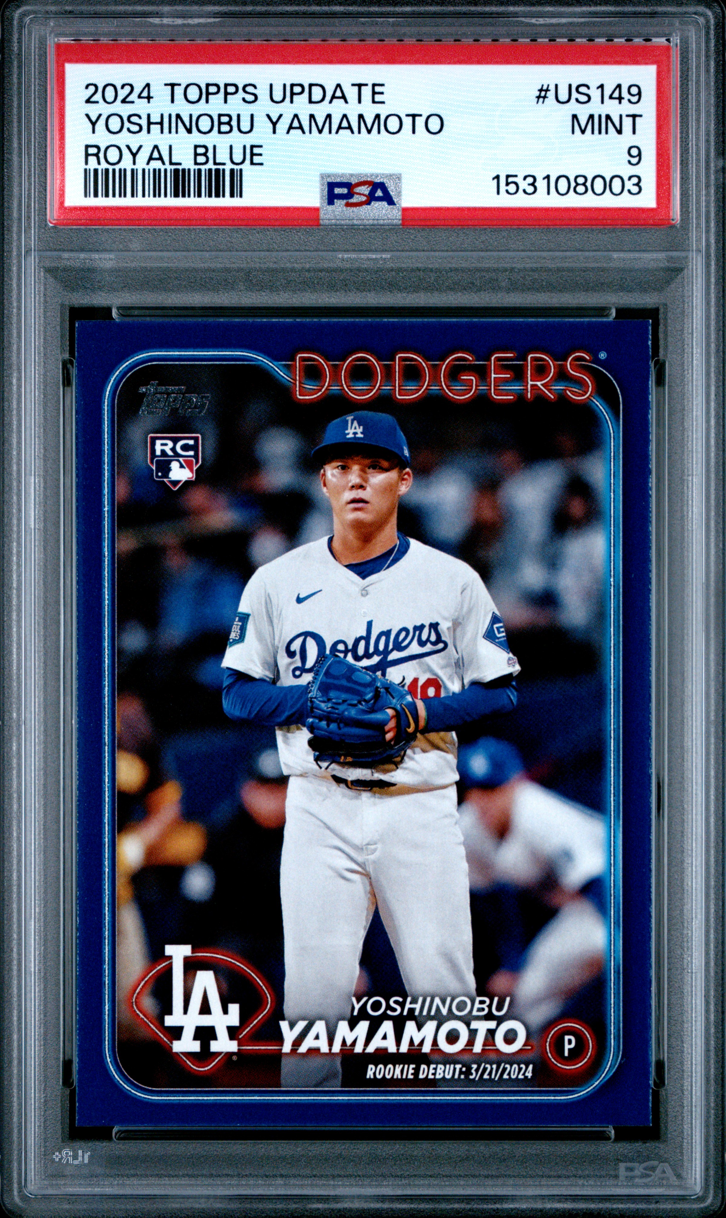 Yoshinobu Yamamoto 2024 Topps Update Royal Blue Los Angeles Dodgers Baseball RC Rookie Card #US149 Graded PSA 9 Cert #153108003 Yoshinobu Yamamoto 2024 Topps Update Royal Blue Los Angeles Dodgers Baseball RC Rookie Card #US149 Graded PSA 9 Cert #153108003