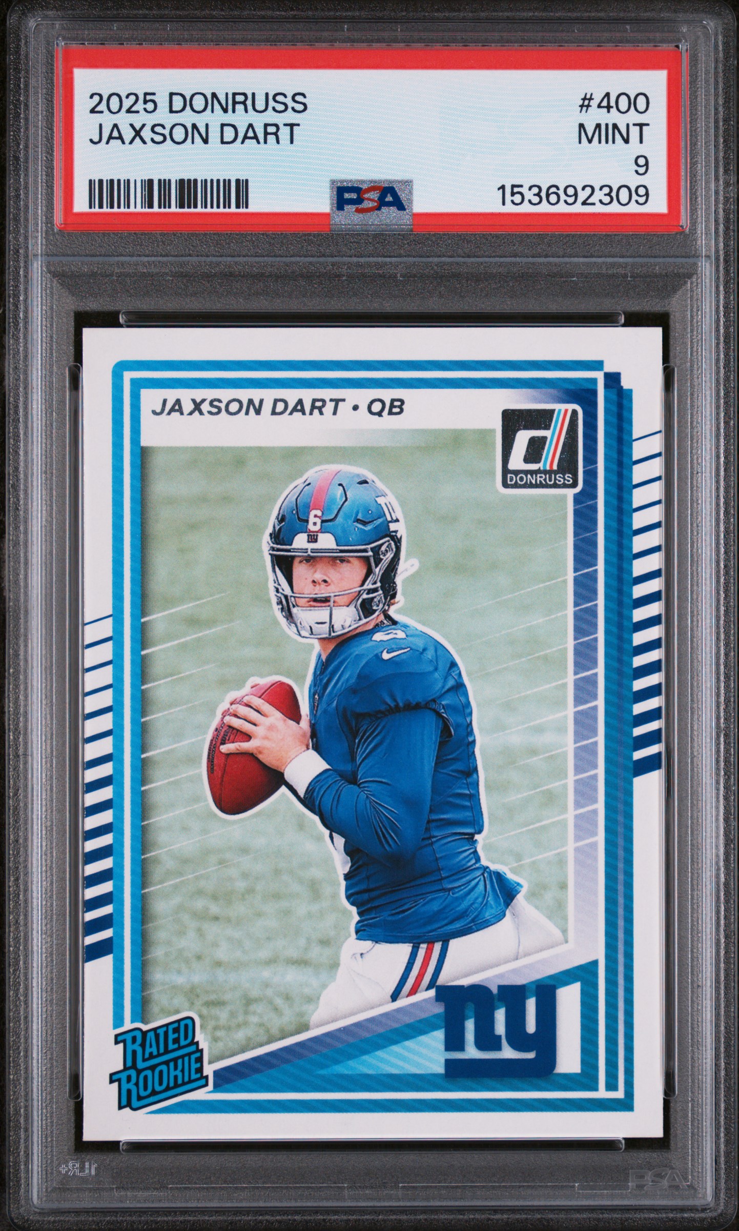 Jaxson Dart 2025 Donruss New York Giants Football Rated Rookie Card #400 Graded PSA 9 Cert #153692309 Jaxson Dart 2025 Donruss New York Giants Football Rated Rookie Card #400 Graded PSA 9 Cert #153692309