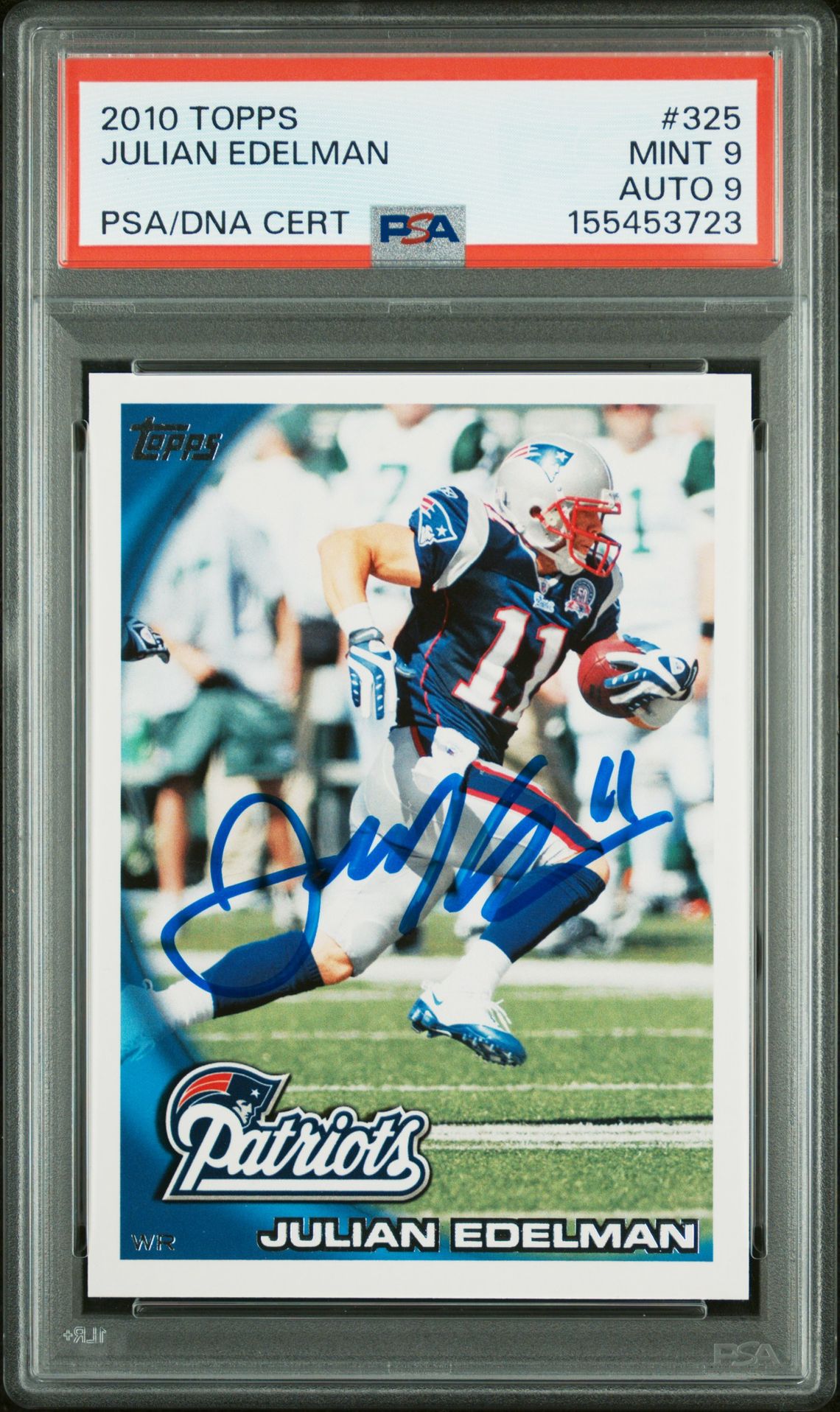 Julian Edelman 2010 Topps New England Patriots Signed Football Card #325 Graded PSA 9 Auto 9 Cert #155453723