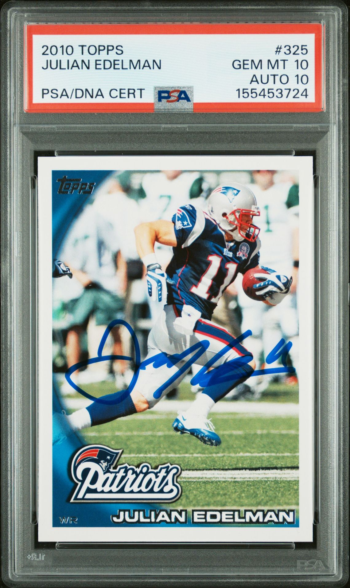 Julian Edelman 2010 Topps New England Patriots Signed Football Card #325 Graded PSA 10 Auto 10 Cert #155453724