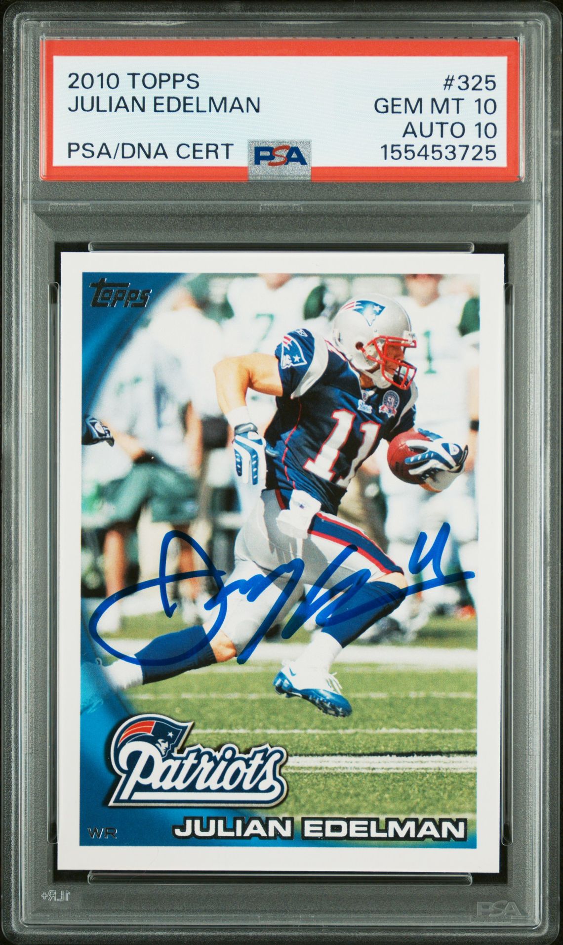 Julian Edelman 2010 Topps New England Patriots Signed Football Card #325 Graded PSA 10 Auto 10 Cert #155453725