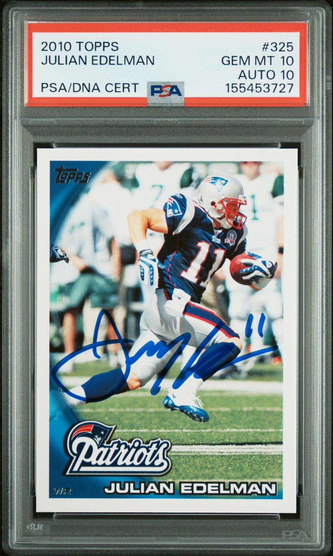 Julian Edelman 2010 Topps New England Patriots Signed Football Card #325 Graded PSA 10 Auto 10 Cert #155453727