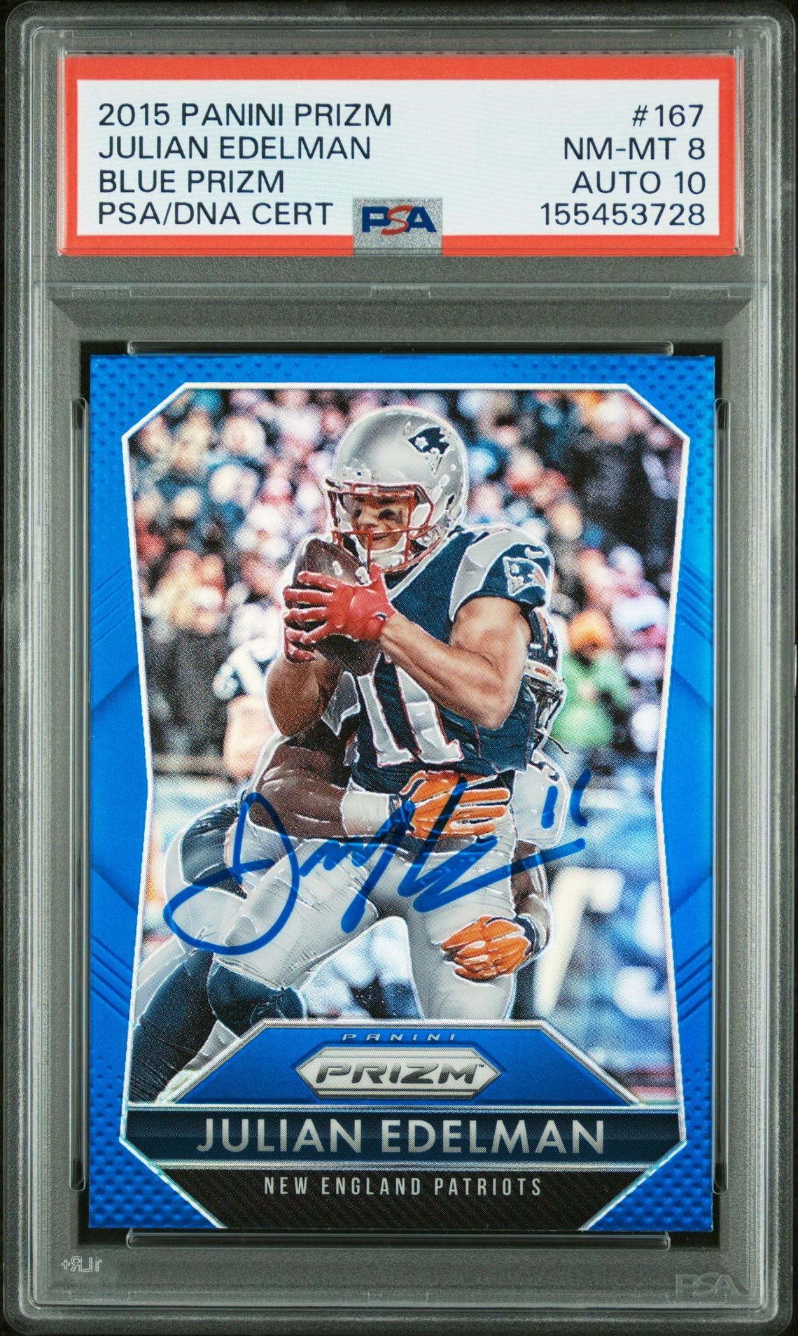 Julian Edelman 2015 Panini Prizm Blue New England Patriots Signed Football Card #167 Graded PSA 8 Auto 10 Cert #155453728