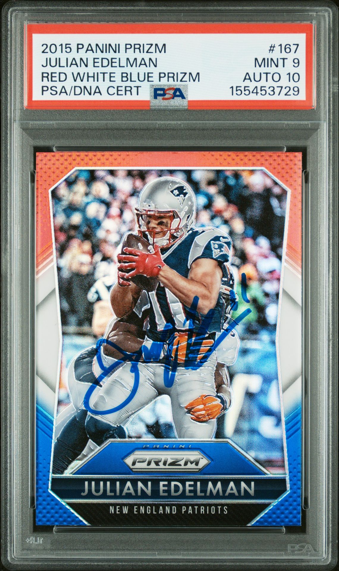 Julian Edelman 2015 Panini Prizm Red White Blue New England Patriots Signed Football Card #167 Graded PSA 9 Auto 10 Cert #155453729