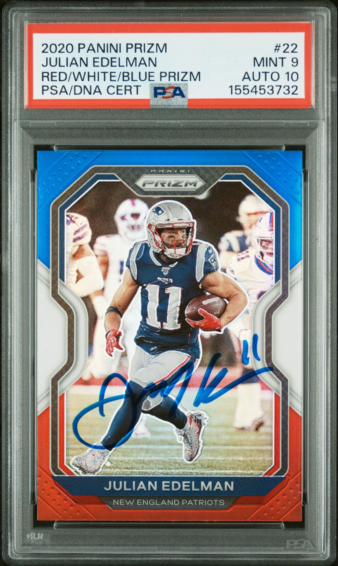 Julian Edelman 2020 Panini Prizm Red White Blue New England Patriots Signed Football Card #22 Graded PSA 9 Auto 10 Cert #155453732