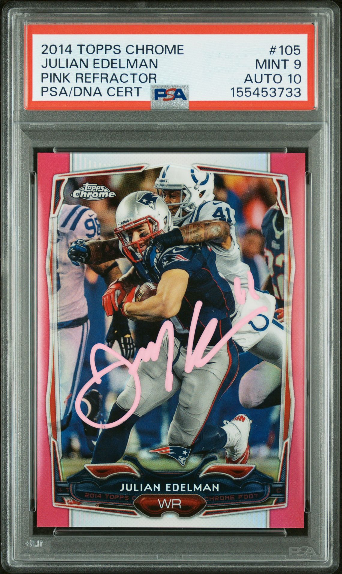 Julian Edelman 2014 Topps Chrome Pink Refractor New England Patriots Signed Football Card #105 Graded PSA 9 Auto 10 Serial 367/399 Cert #155453733