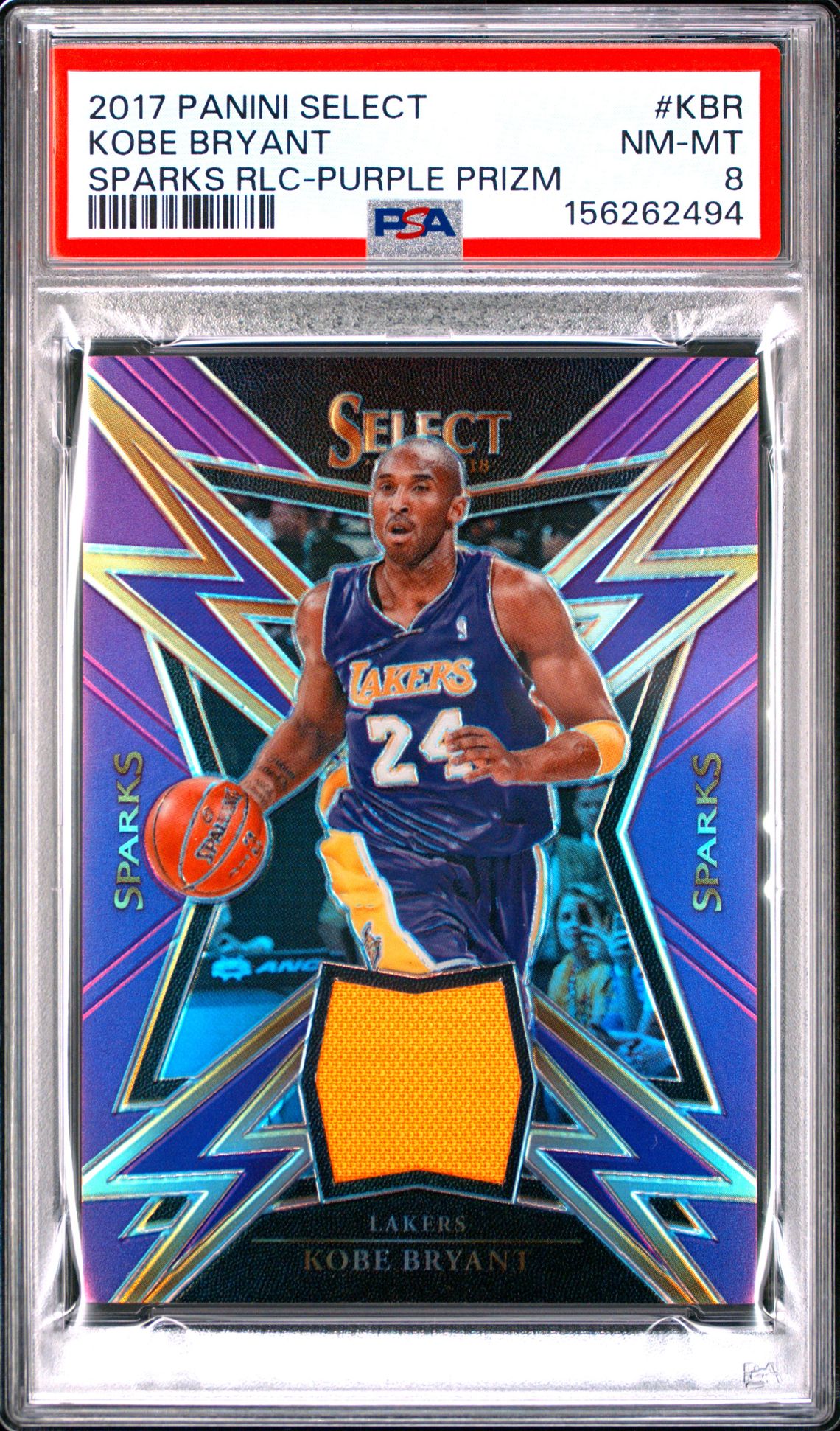 Kobe Bryant 2017 Panini Select Sparks Relic Purple Prizm Game Worn Used Jersey Patch Los Angeles Lakers Basketball Card #KBR Graded PSA 8 Cert #156262494 70/99