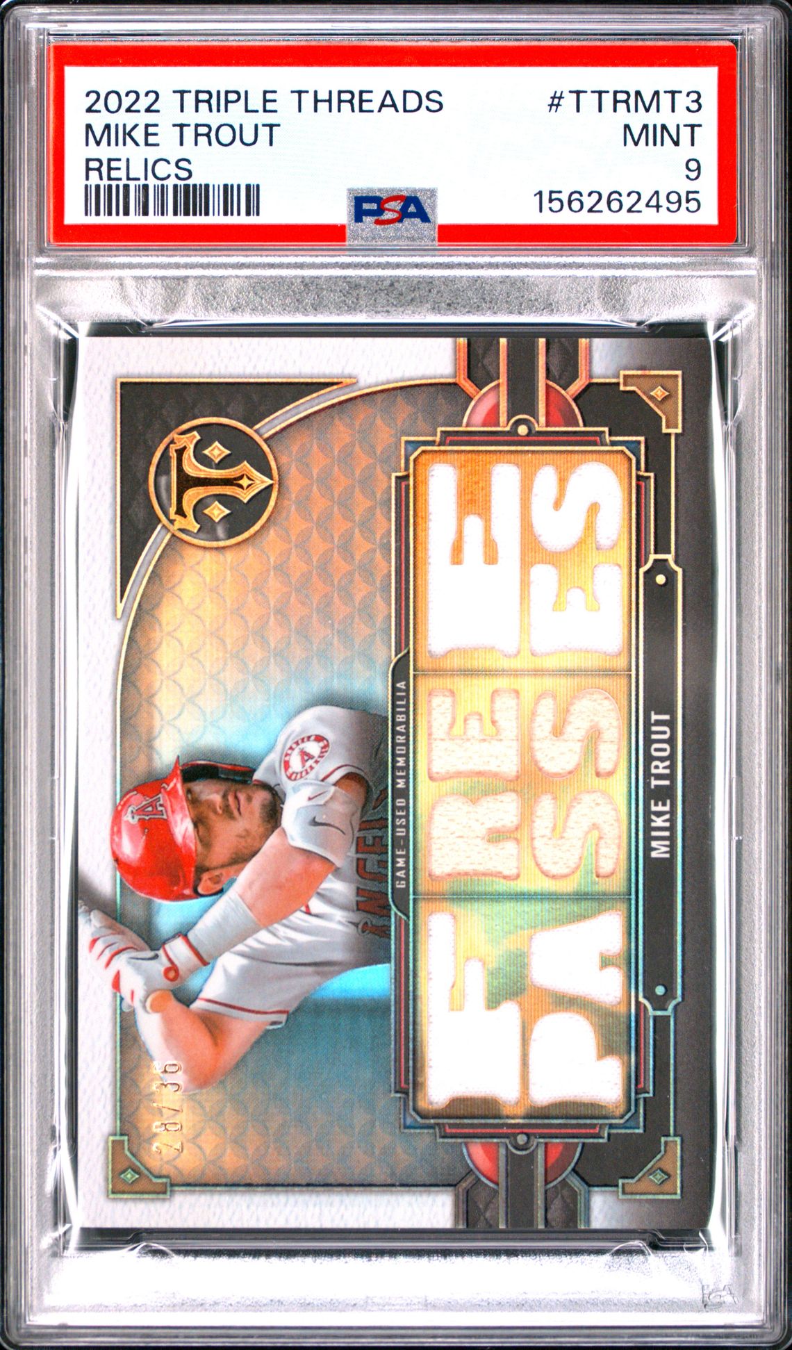 Mike Trout 2022 Triple Threads Relics Patch Los Angeles Angels Baseball Card #TTRMT3 Graded PSA 9 Serial #28/36 Cert #156262495