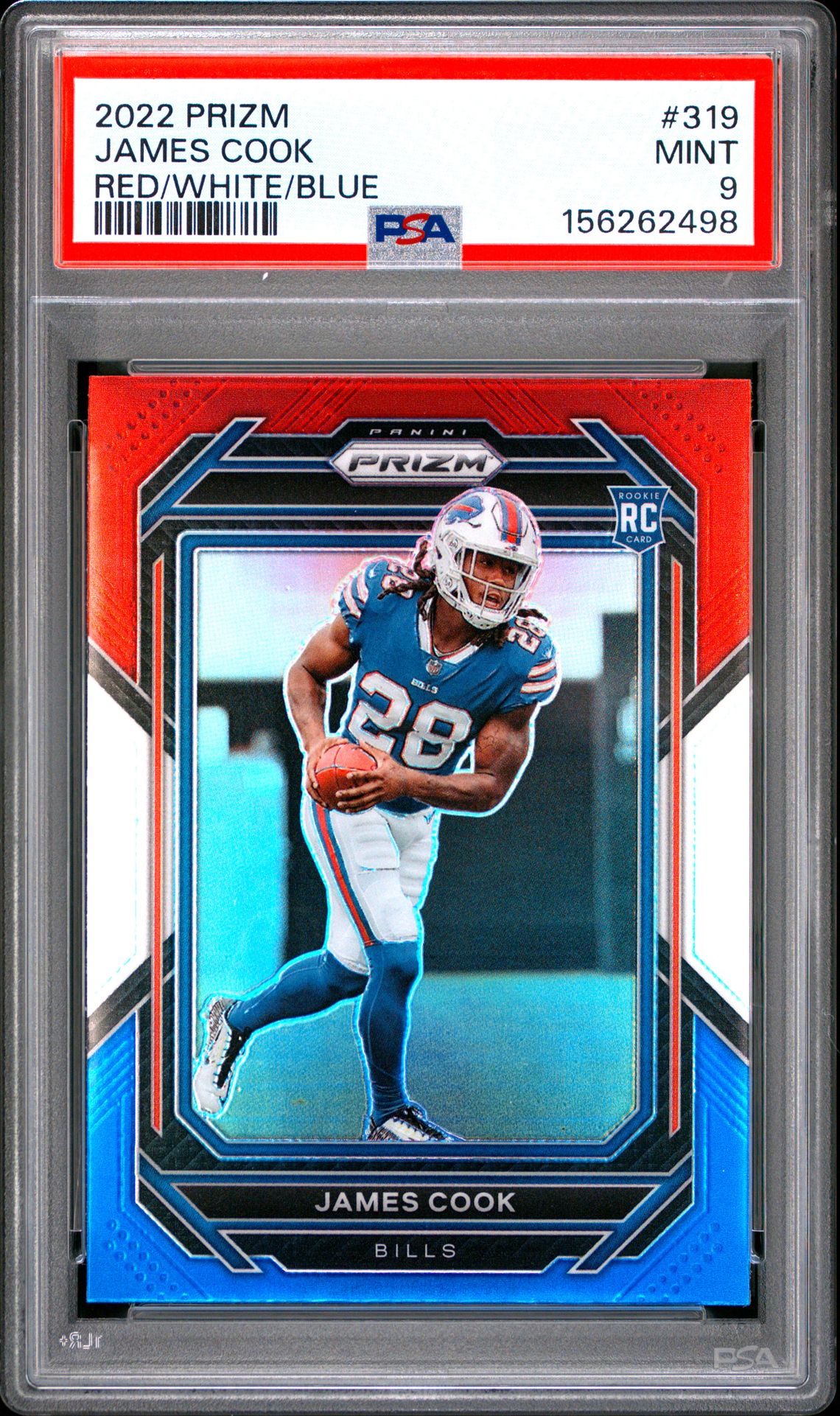 James Cook 2022 Panini Prizm Red White Blue Buffalo Bills Football RC Rookie Card #319 Graded PSA 9 Cert #156262498