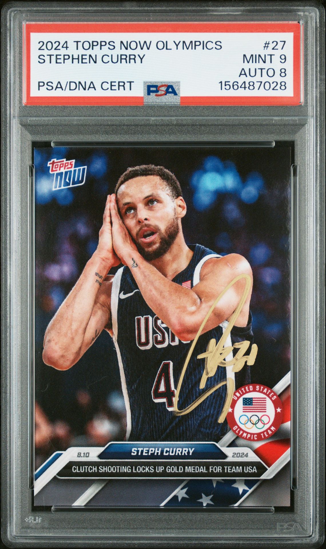 Stephen Curry 2024 Topps Now Olympics Team USA Night Night Signed Basketball Card #27 Graded PSA 9 Auto 8 Cert #156487028