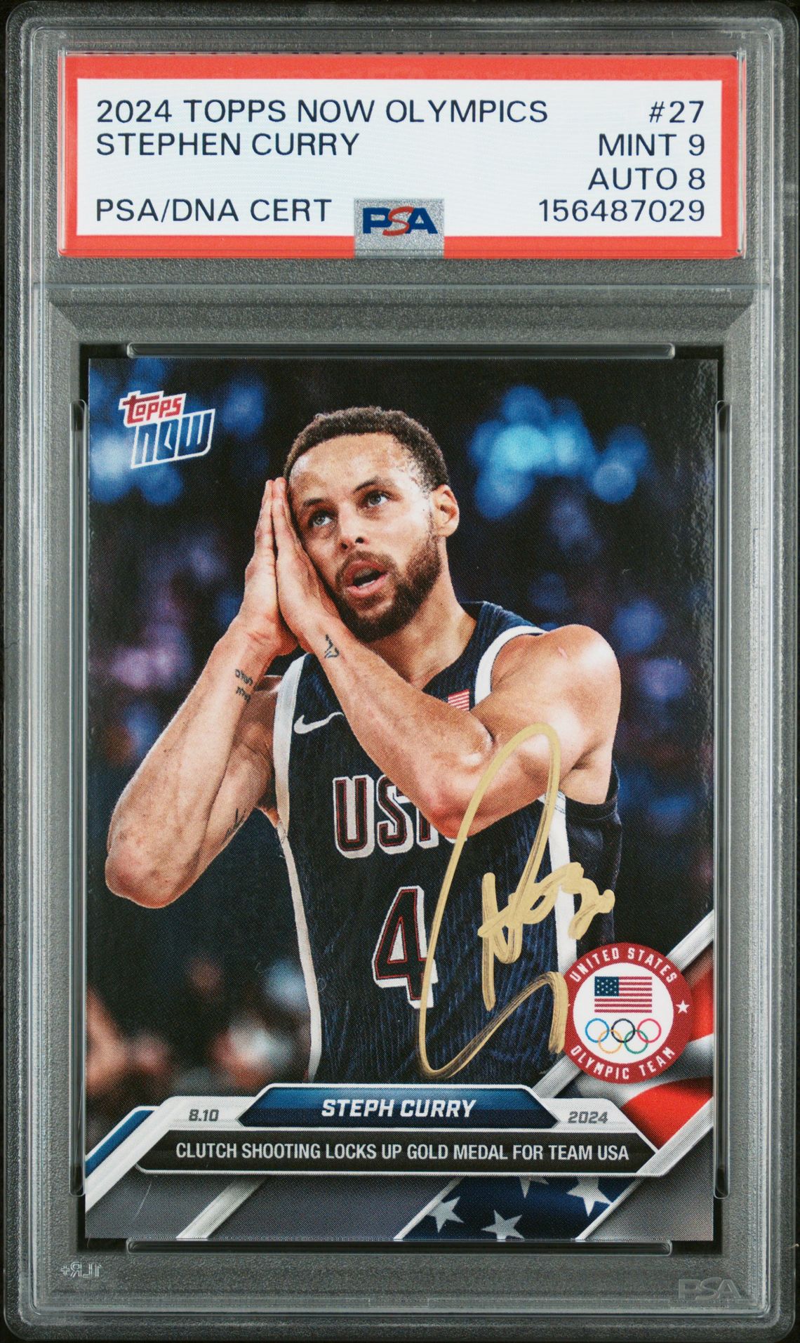 Stephen Curry 2024 Topps Now Olympics Team USA Night Night Signed Basketball Card #27 Graded PSA 9 Auto 8 Cert #156487029