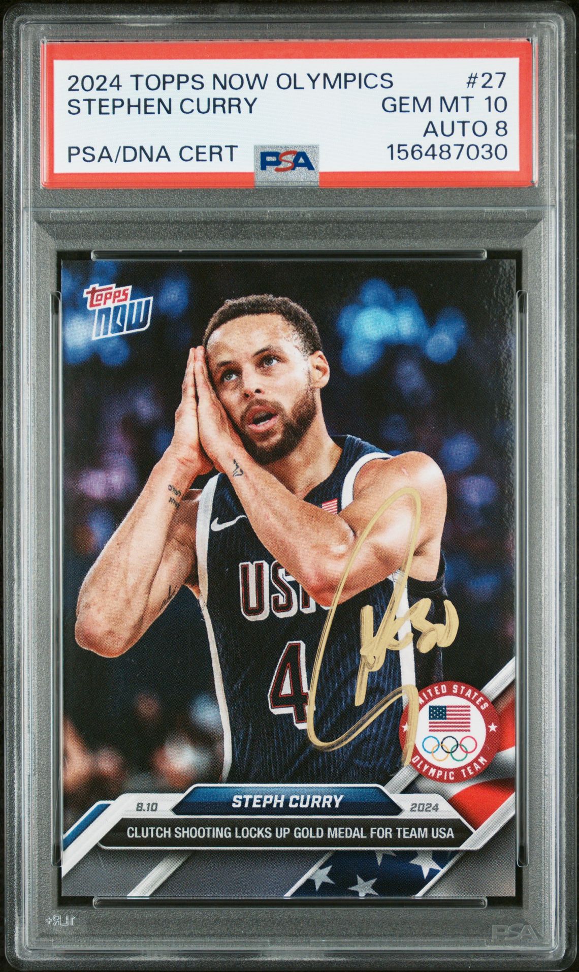 Stephen Curry 2024 Topps Now Olympics Team USA Night Night Signed Basketball Card #27 Graded PSA 10 Auto 8 Cert #156487030
