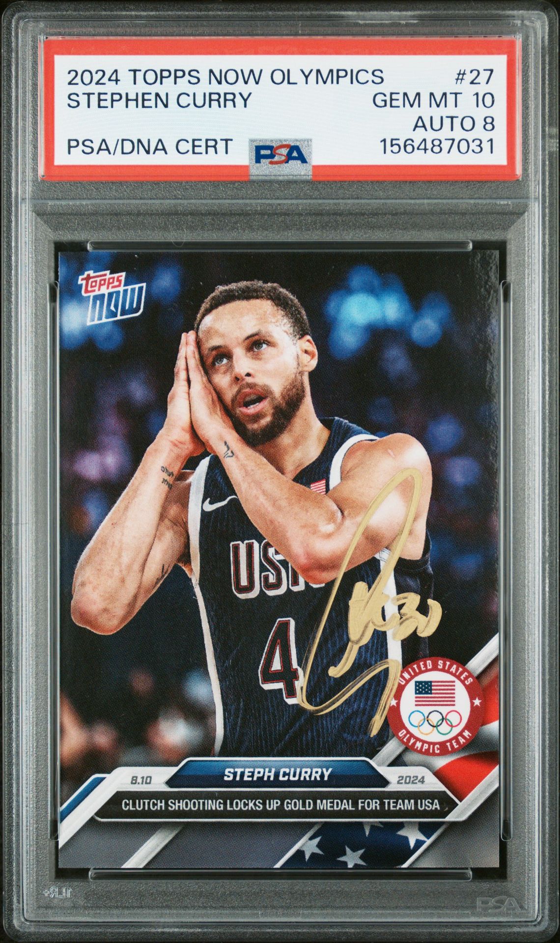 Stephen Curry 2024 Topps Now Olympics Team USA Night Night Signed Basketball Card #27 Graded PSA 10 Auto 8 Cert #156487031