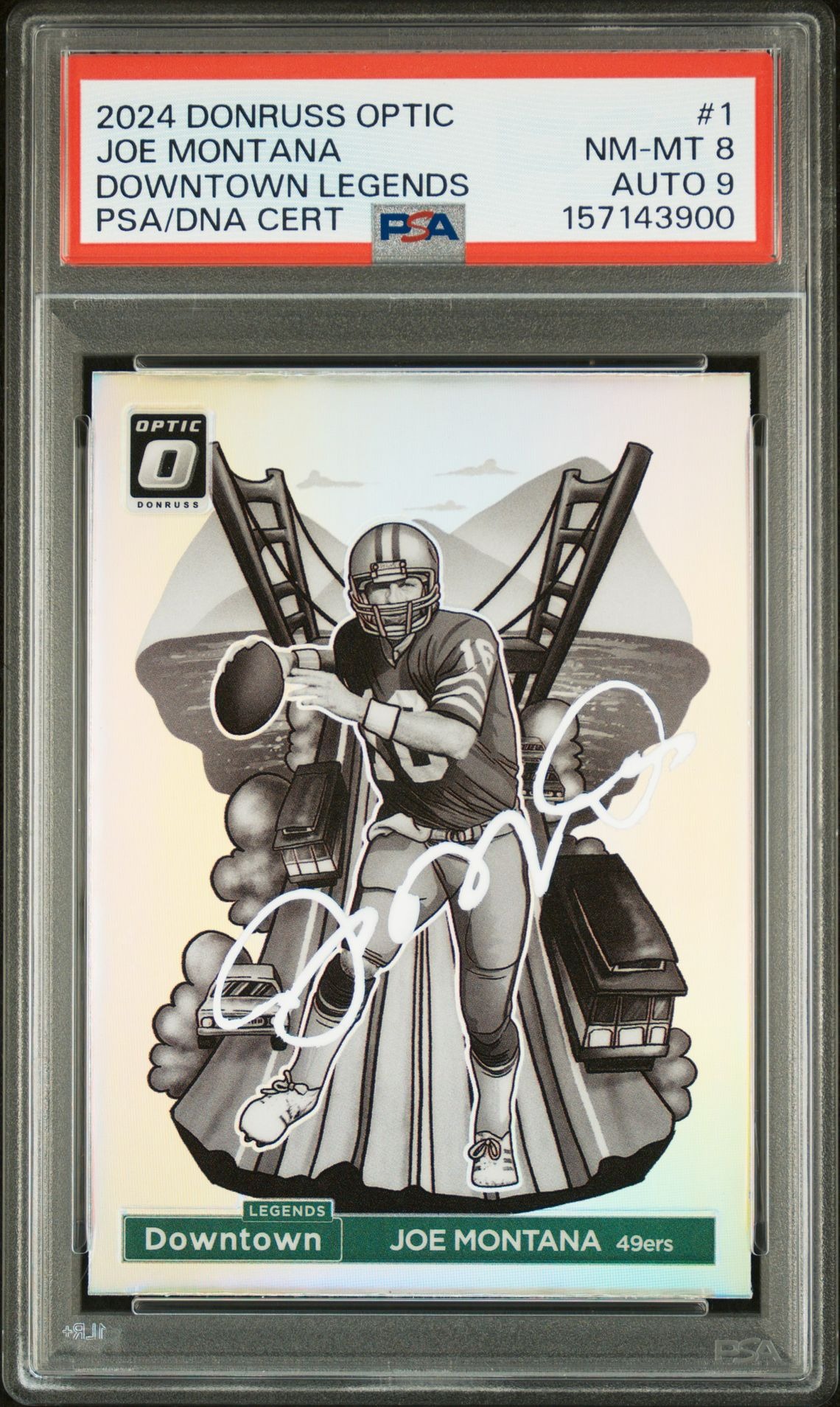 Joe Montana 2024 Donruss Optic Downtown Legends Signed San Francisco 49ers Football Card #1 Graded PSA 8 Auto 9 Cert #157143900