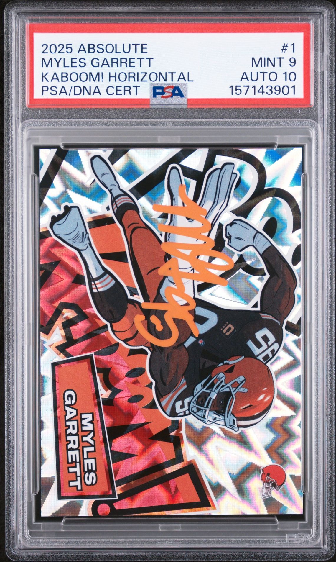 Myles Garrett 2025 Panini Absolute Kaboom! Horizontal Signed Cleveland Browns Football Card #1 Graded PSA 9 Auto 10 Cert #157143901
