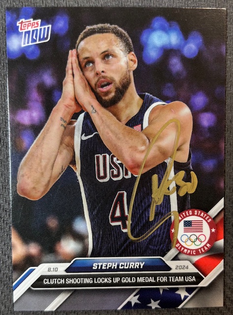 Stephen Curry 2024 Topps Now Night Night Signed Basketball Team USA Olympic Gold Medal Card #27 Beckett Witnessed Auto Cert #2W647879
