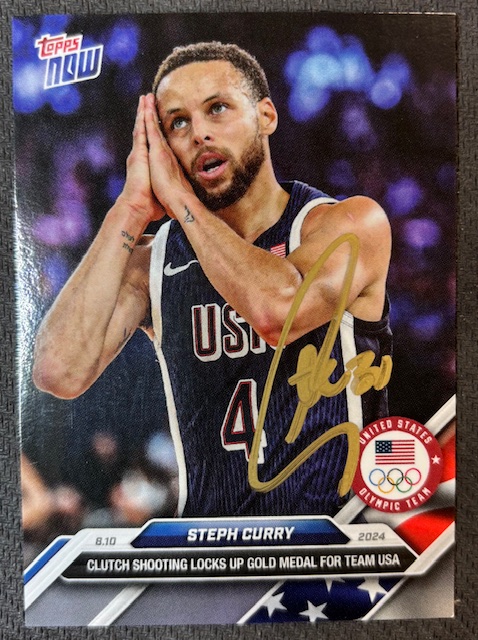 Stephen Curry 2024 Topps Now Night Night Signed Basketball Team USA Olympic Gold Medal Card #27 Beckett Witnessed Auto Cert #2W647880