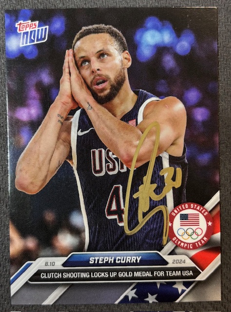 Stephen Curry 2024 Topps Now Night Night Signed Basketball Team USA Olympic Gold Medal Card #27 Beckett Witnessed Auto Cert #2W647881