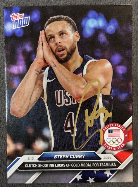 Stephen Curry 2024 Topps Now Night Night Signed Basketball Team USA Olympic Gold Medal Card #27 Beckett Witnessed Auto Cert #2W647882