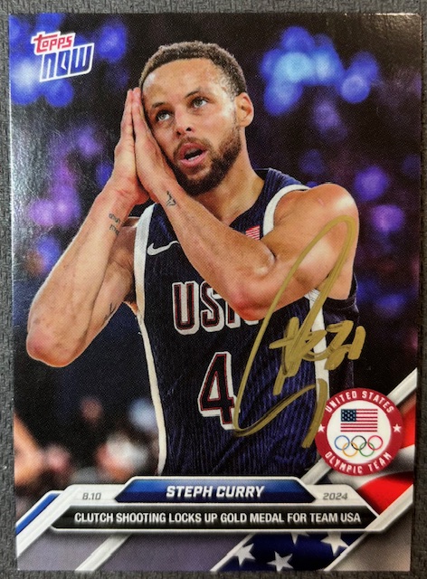 Stephen Curry 2024 Topps Now Night Night Signed Basketball Team USA Olympic Gold Medal Card #27 Beckett Witnessed Auto Cert #2W647884