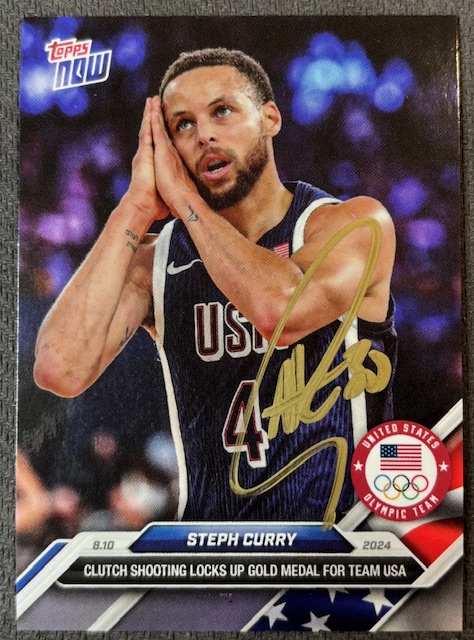 Stephen Curry 2024 Topps Now Night Night Signed Basketball Team USA Olympic Gold Medal Card #27 Beckett Witnessed Auto Cert #2W647885