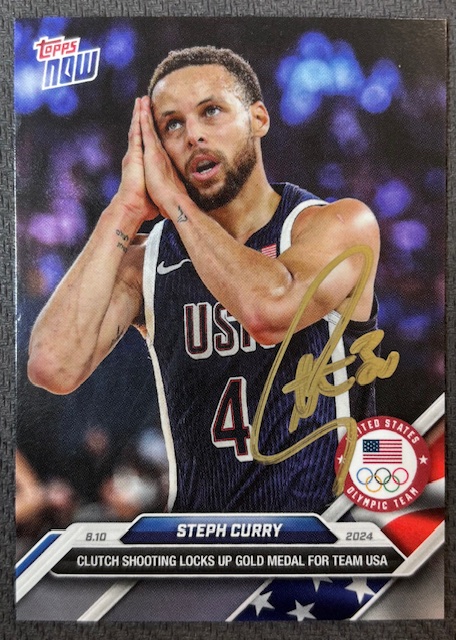 Stephen Curry 2024 Topps Now Night Night Signed Basketball Team USA Olympic Gold Medal Card #27 Beckett Witnessed Auto Cert #2W647886