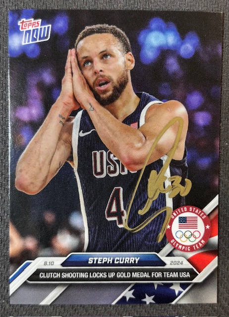 Stephen Curry 2024 Topps Now Night Night Signed Basketball Team USA Olympic Gold Medal Card #27 Beckett Witnessed Auto Cert #2W647887