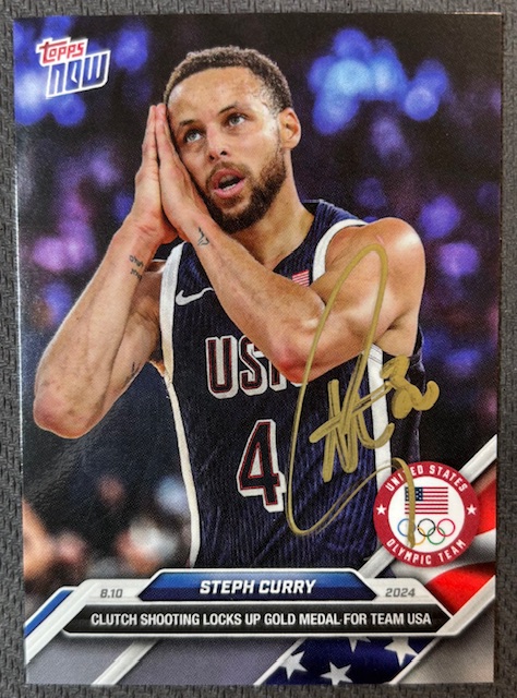 Stephen Curry 2024 Topps Now Night Night Signed Basketball Team USA Olympic Gold Medal Card #27 Beckett Witnessed Auto Cert #2W647888