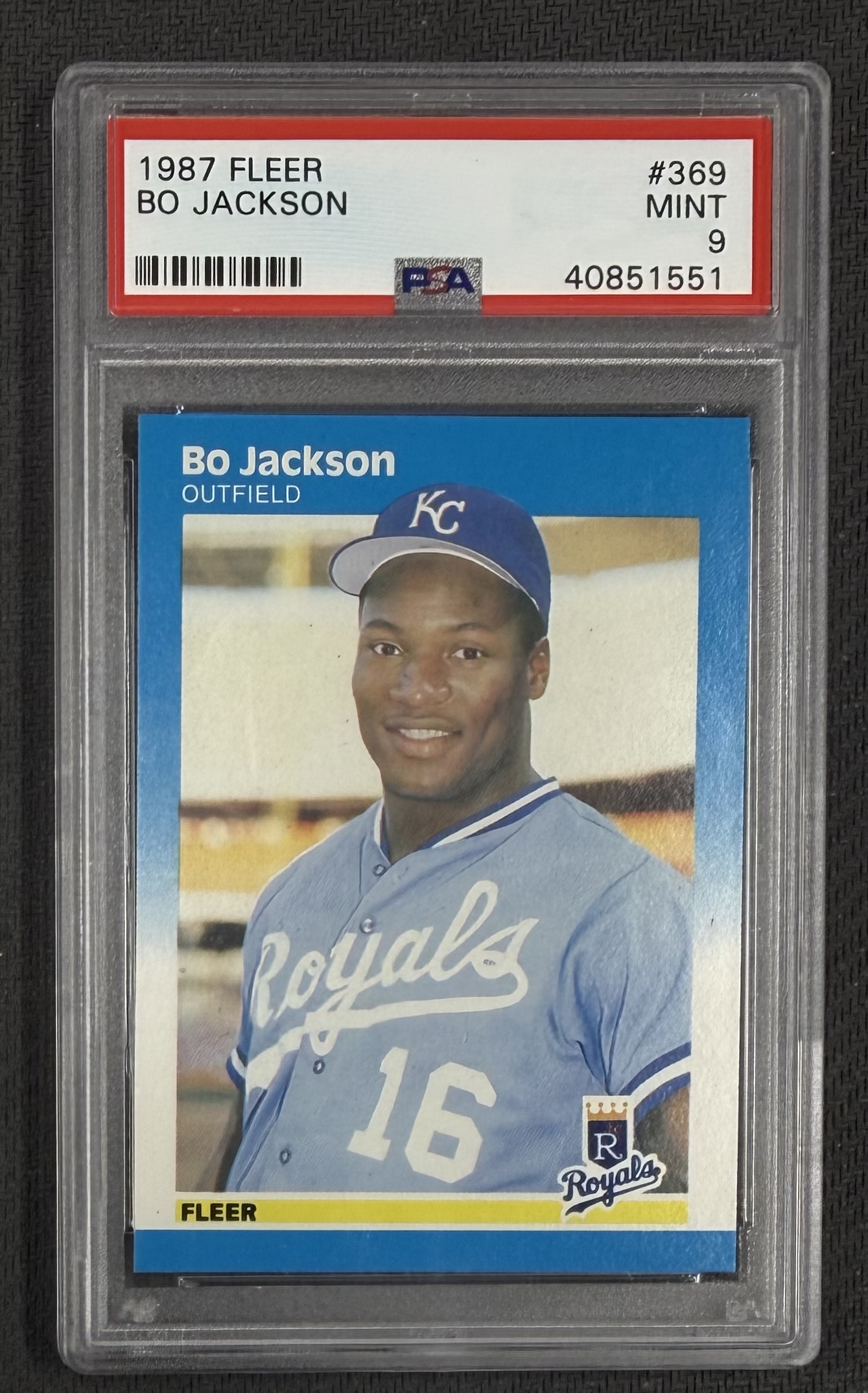 Bo Jackson 1987 Fleer Kansas City Royals Baseball RC Rookie Card #369 Graded PSA 9 Cert #40851551 Bo Jackson 1987 Fleer Kansas City Royals Baseball RC Rookie Card #369 Graded PSA 9 Cert #40851551