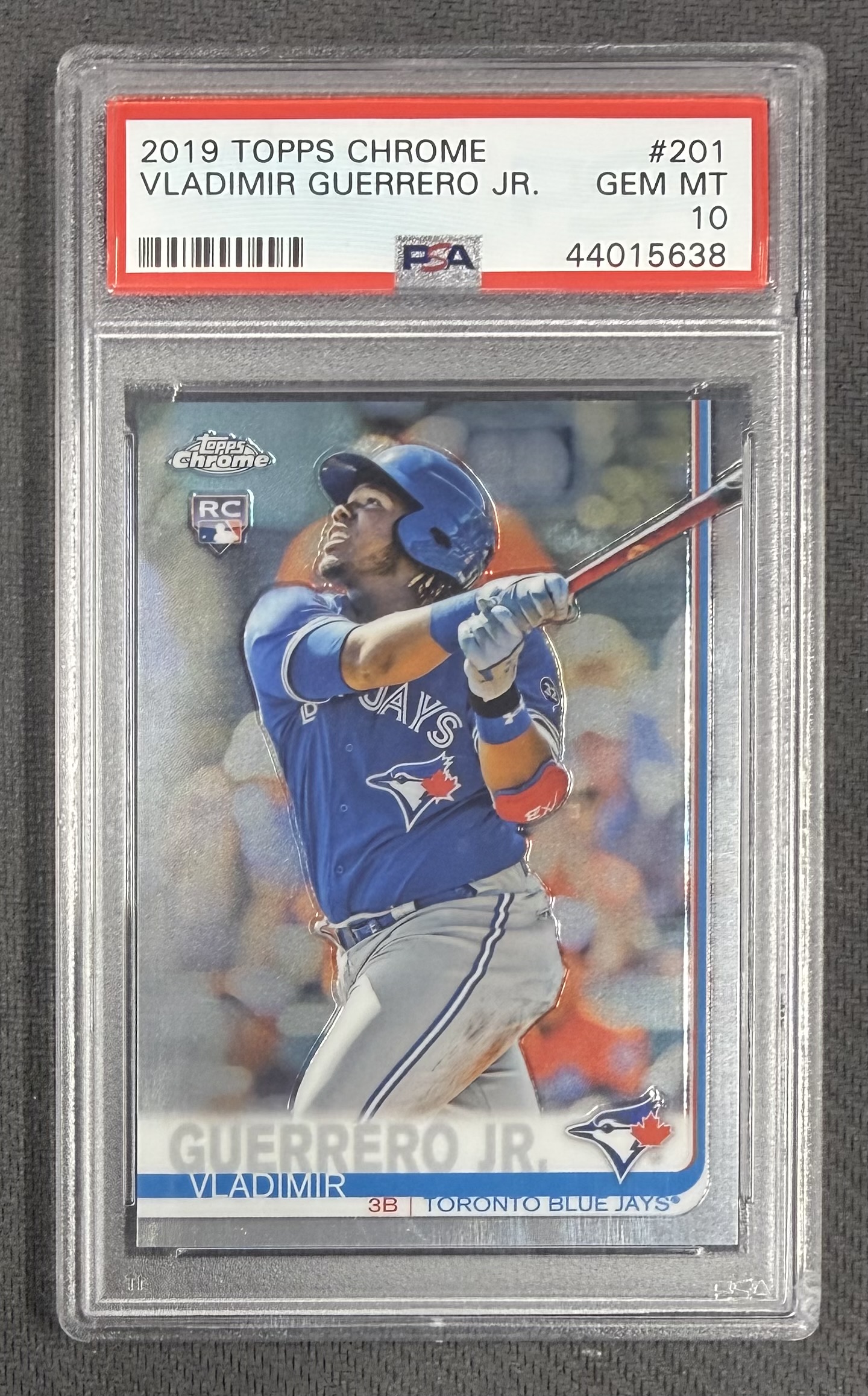 Vladimir Guerrero Jr. 2019 Topps Chrome Toronto Blue Jays Baseball RC Rookie Card #201 Graded PSA 10 Cert #44015638 Vladimir Guerrero Jr. 2019 Topps Chrome Toronto Blue Jays Baseball RC Rookie Card #201 Graded PSA 10 Cert #44015638