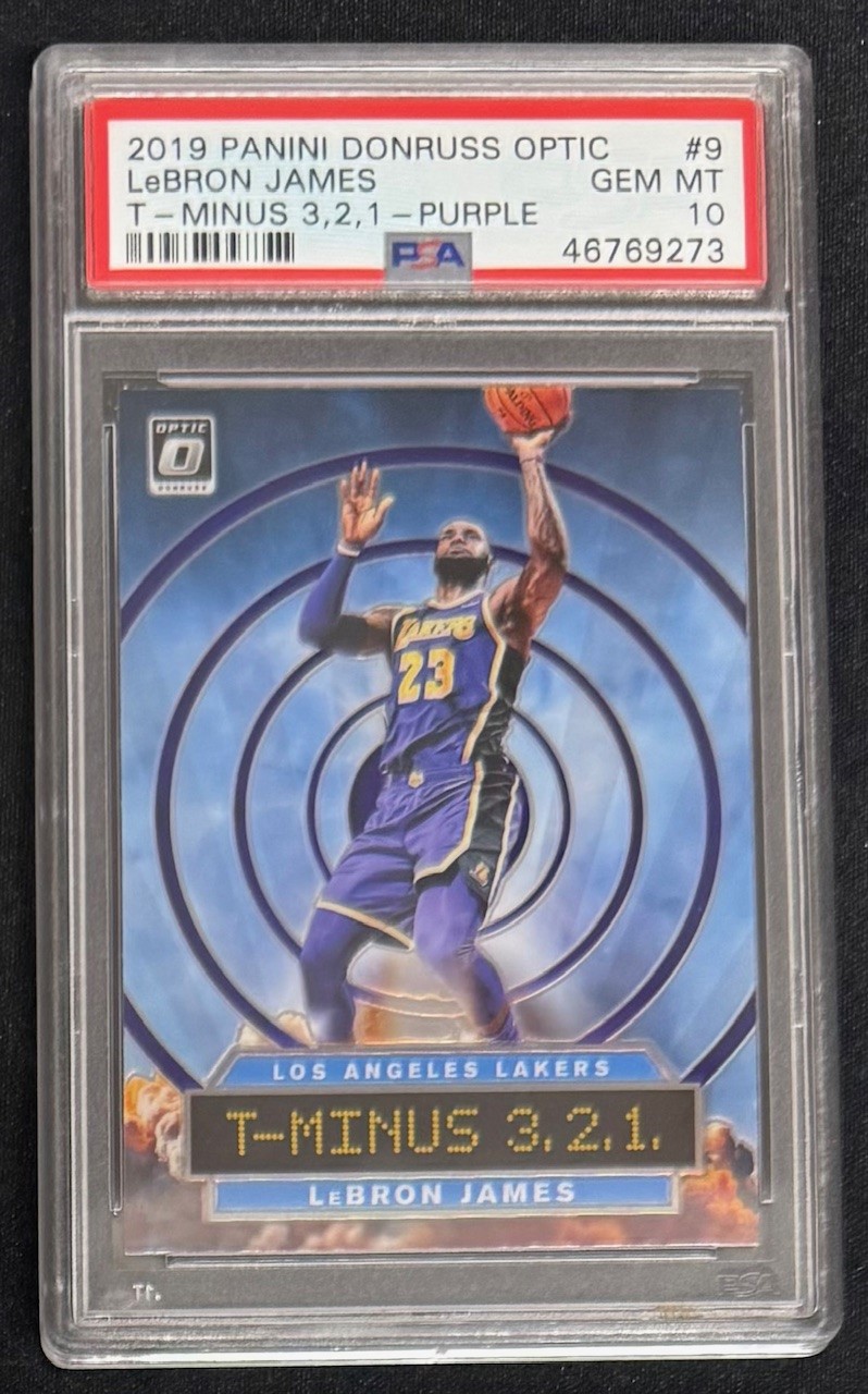 LeBron James 2019 Panini Donruss Optic Basketball Card T Minus 3 2 1 Purple Graded PSA 10 Cert #46769273