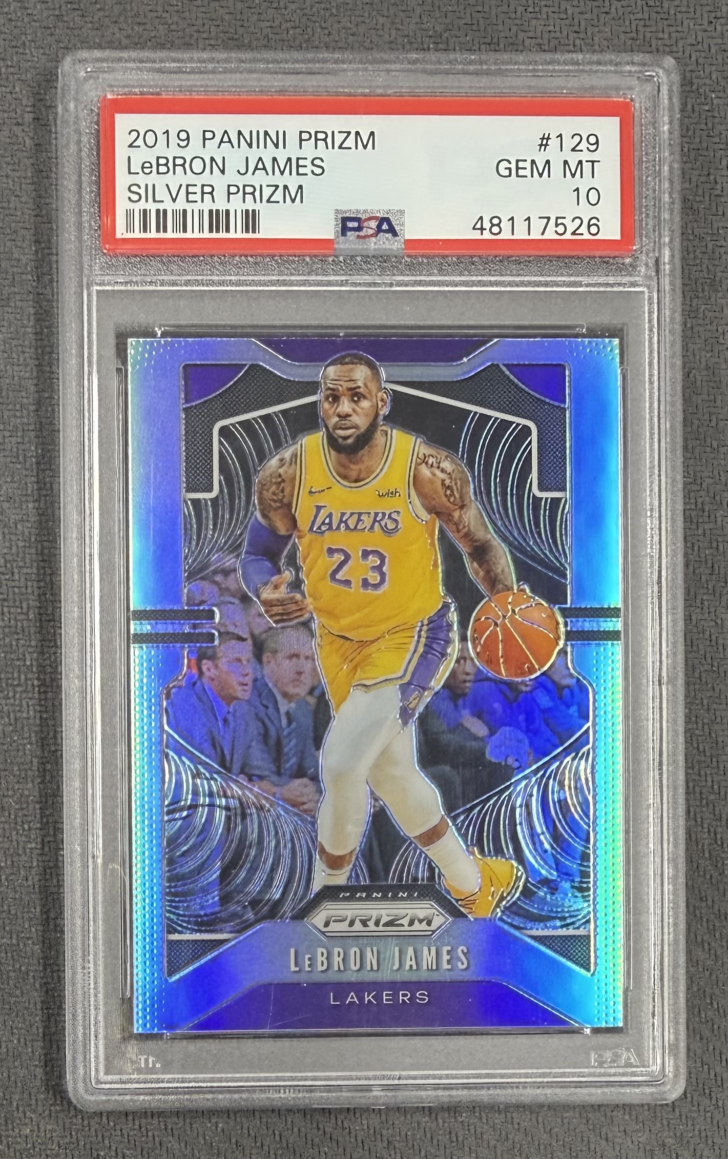 LeBron James 2019 Panini Prizm Silver Los Angeles Lakers Basketball Card #129 Graded PSA 10 Cert #48117526
