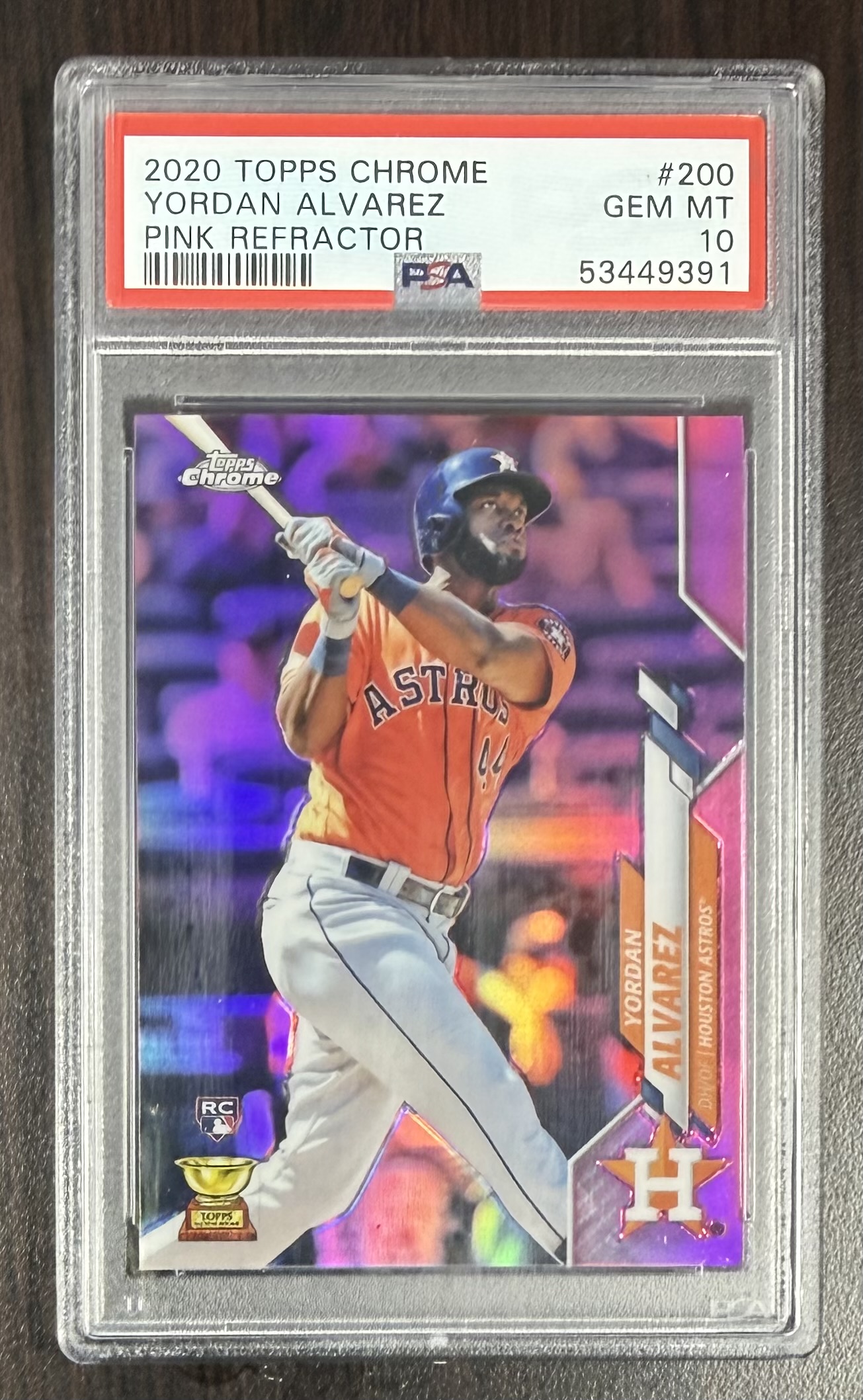 Yordan Alvarez 2020 Topps Chrome Pink Refractor Houston Astros Baseball RC Rookie Card #200 Graded PSA 10 Cert #53449391 Yordan Alvarez 2020 Topps Chrome Pink Refractor Houston Astros Baseball RC Rookie Card #200 Graded PSA 10 Cert #53449391