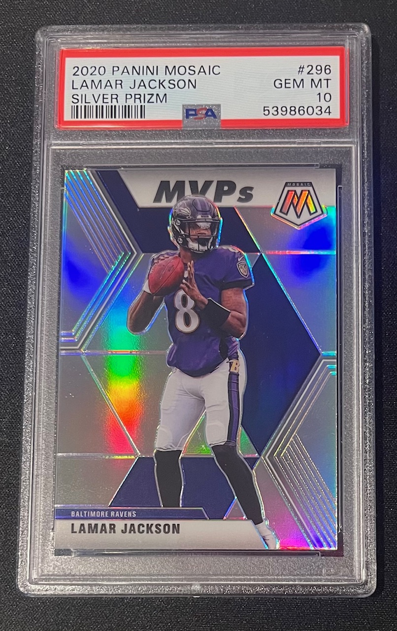 Lamar Jackson 2020 Panini Mosaic Silver Prizm Football Card #296 Graded PSA 10