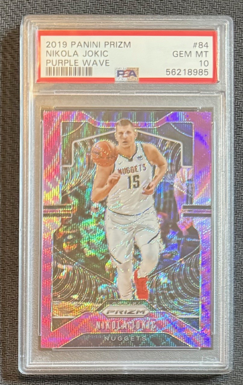 Nikola Jokic 2019 Panini Prizm Purple Wave Basketball Card #84 Graded PSA 10 Cert #56218985