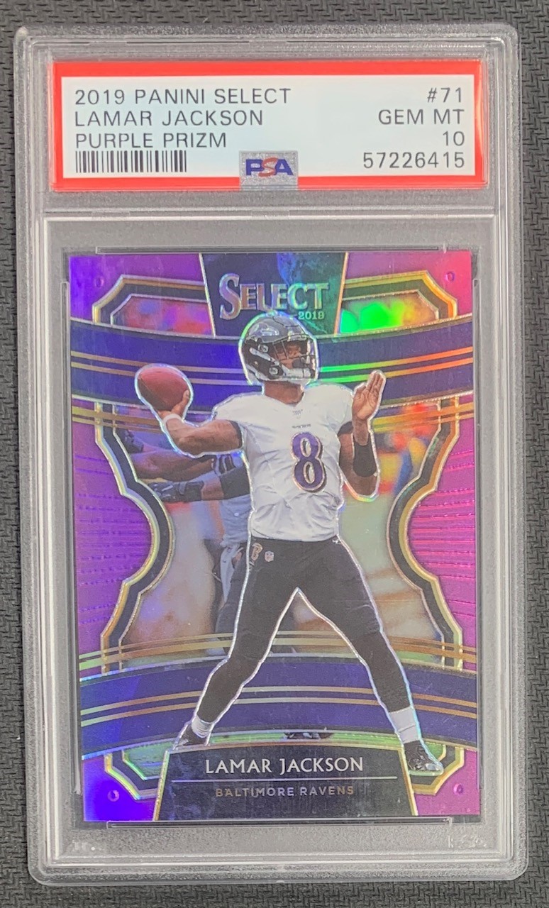Lamar Jackson 2019 Panini Select Purple Prizm Football Card #71 Graded PSA 10 51/75 Lamar Jackson 2019 Panini Select Purple Prizm Football Card #71 Graded PSA 10 51/75