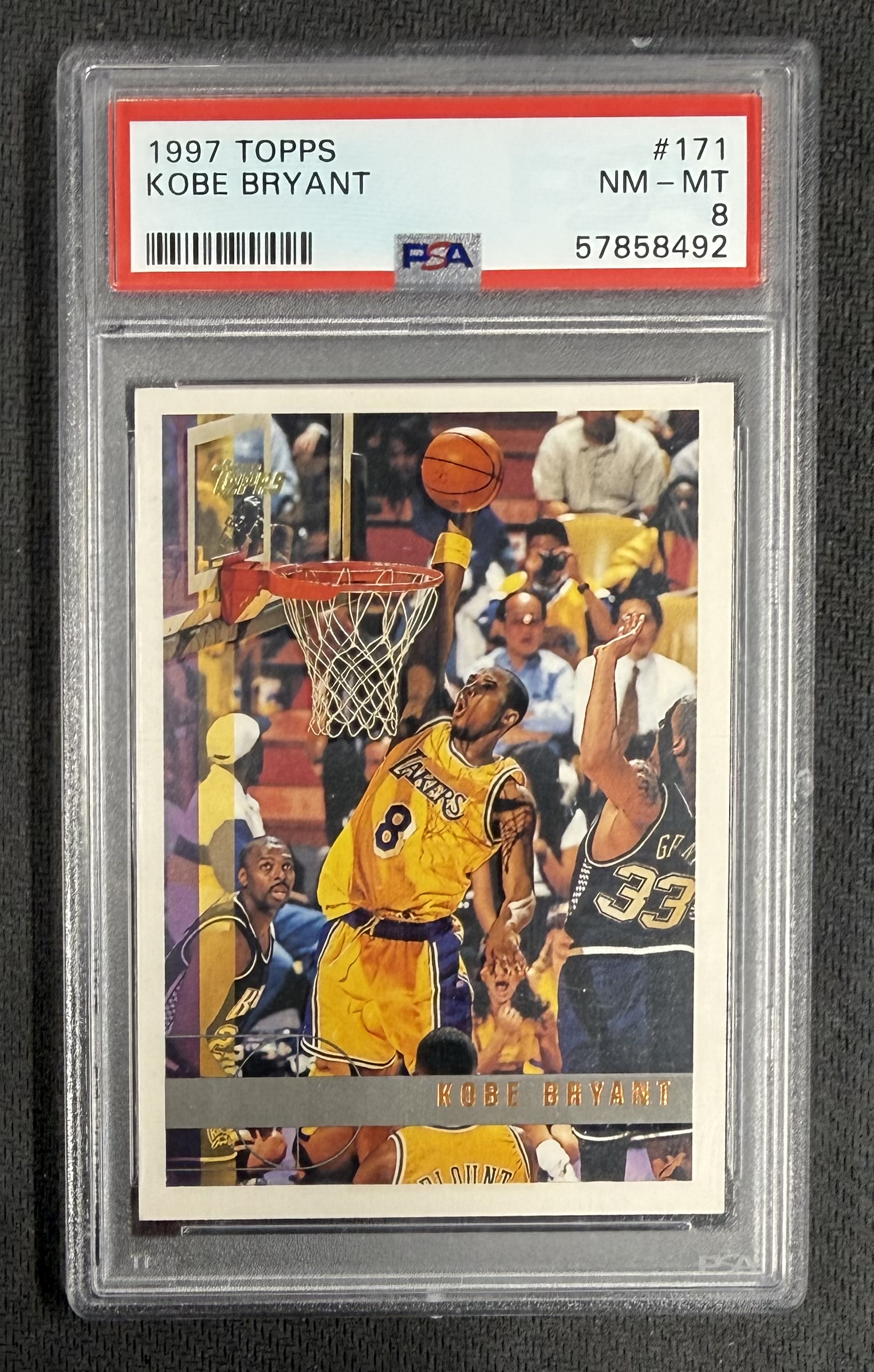 Kobe Bryant 1997 Topps Los Angeles Lakers Basketball Card #171 Graded PSA 8 Cert #57858492 Kobe Bryant 1997 Topps Los Angeles Lakers Basketball Card #171 Graded PSA 8 Cert #57858492