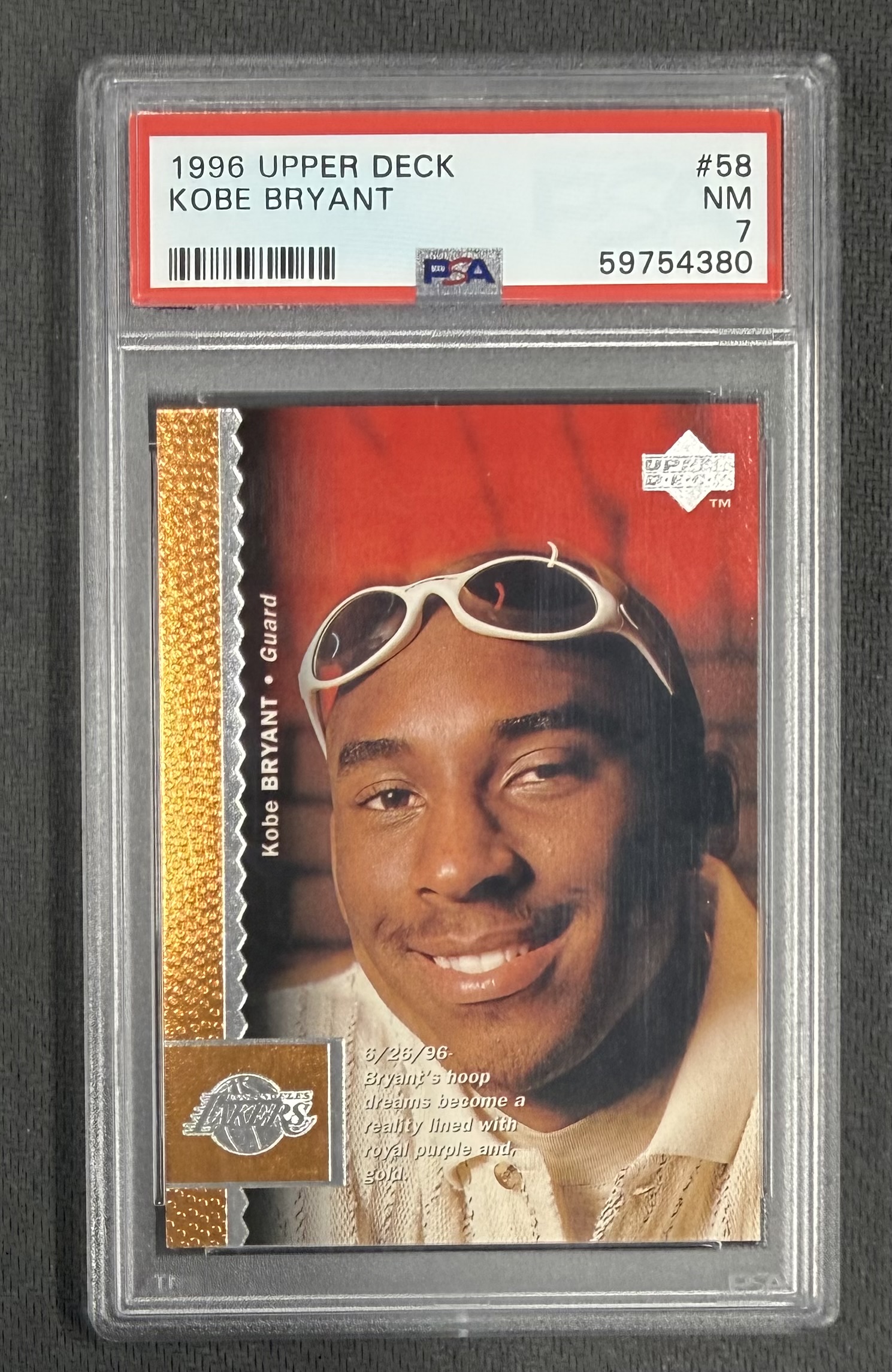 Kobe Bryant 1996 Upper Deck Los Angeles Lakers Basketball RC Rookie Card #58 Graded PSA 7 Cert #59754380 Kobe Bryant 1996 Upper Deck Los Angeles Lakers Basketball RC Rookie Card #58 Graded PSA 7 Cert #59754380