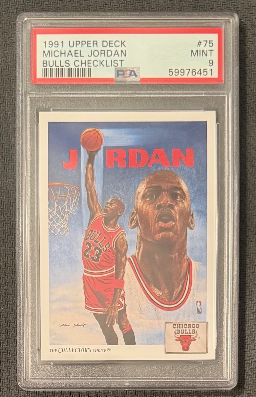 Michael Jordan 1991 Upper Deck Bulls Checklist Chicago Bulls Basketball Card #75 Graded PSA 9 Cert #59976451