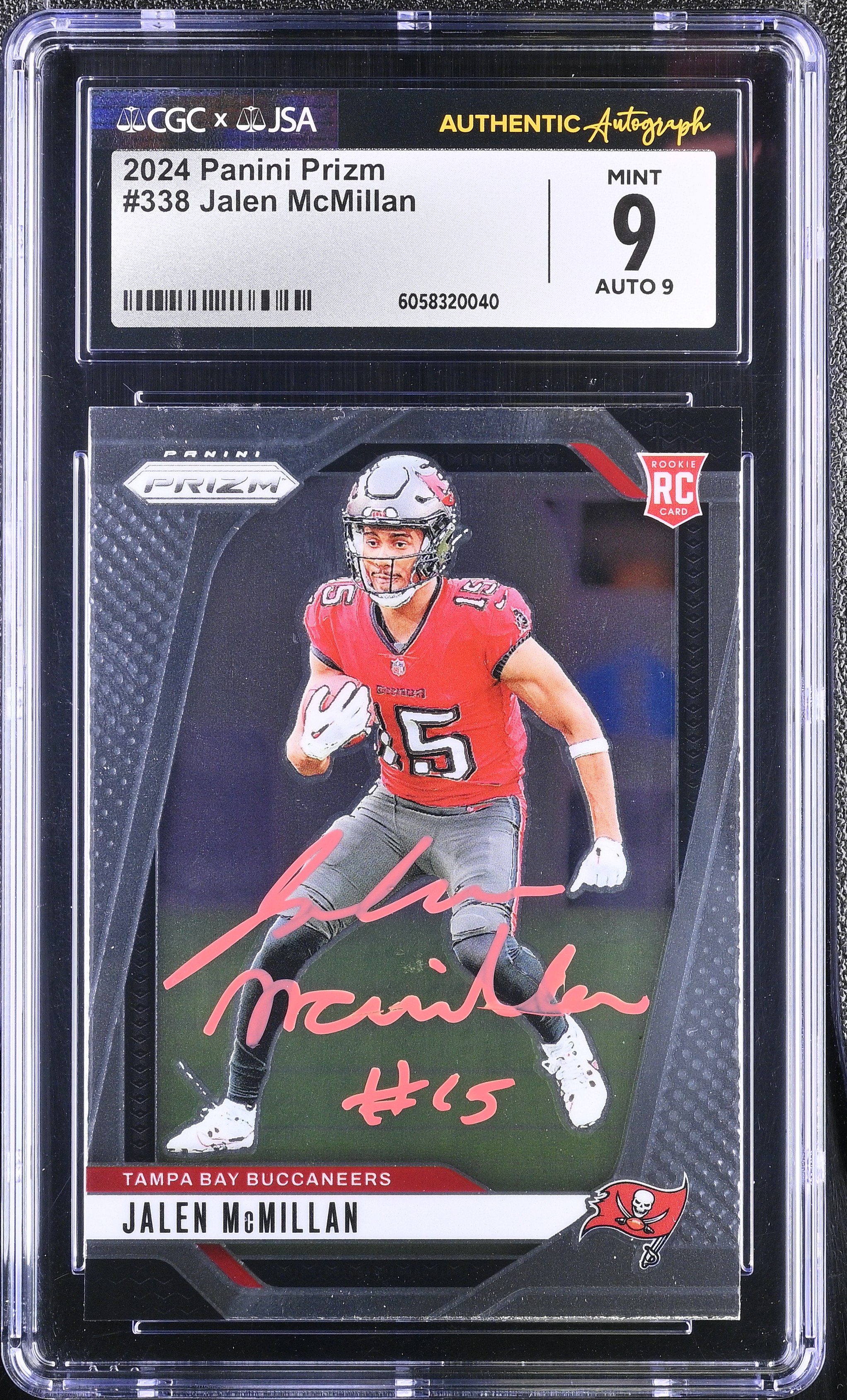 Jalen McMillan 2024 Panini Prizm Tampa Bay Buccaneers Signed Football Rookie Card #338 CGC 9 Auto 9 Cert #6058320040